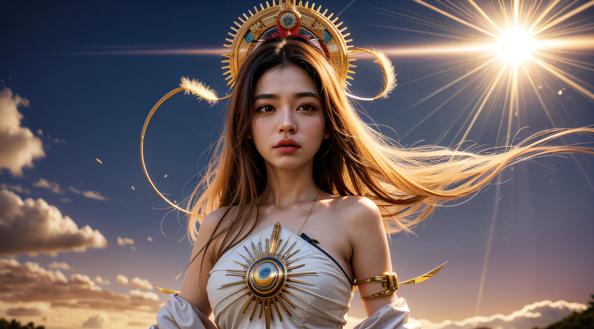 master part, melhor qualidade, unidade de papel de parede 8k, ultra detalhado, Beautiful and Aesthetic, textura de pele realista, Beautiful, Arte Oficial, Sacerdotisa Amaterasu, Disco Solar, Sunburst Spell, Blessing of the Sun Goddess, divine intervention,