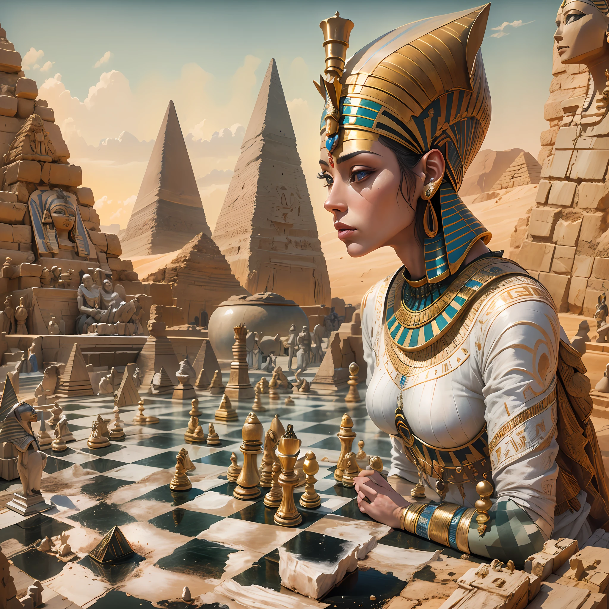 complex 3d render ultra detailed of a beautiful porcelain profile woman android face, cyborg, robotic parts, painting of a pharaoh and a chess board in a desert, egypt themed art, surreal chess, egyptian setting, egyptian atmosphere, pharaoh, pharoah, surreal oil on canvas, egyptian landscape, surrealistic painting, pyramids, egyptian style, sphinx in distance, surreal painting, ancient egypt painting, checkerboard horizon, surreal oil painting, by Wayne England, by David Burton-Richardson