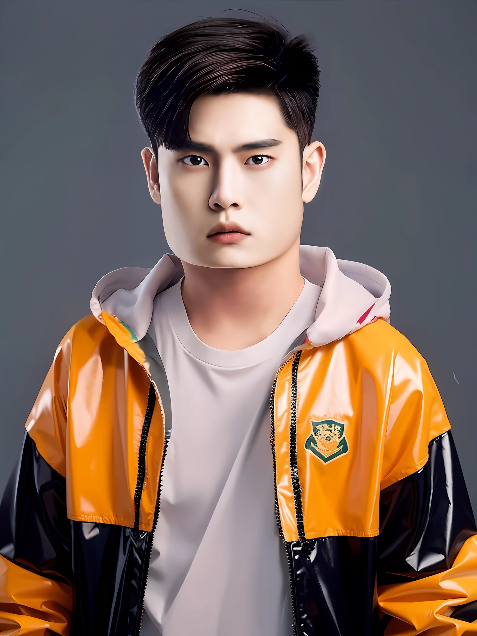 Chinese male high school student，Wear an orange PVC sweater，solid color backdrop