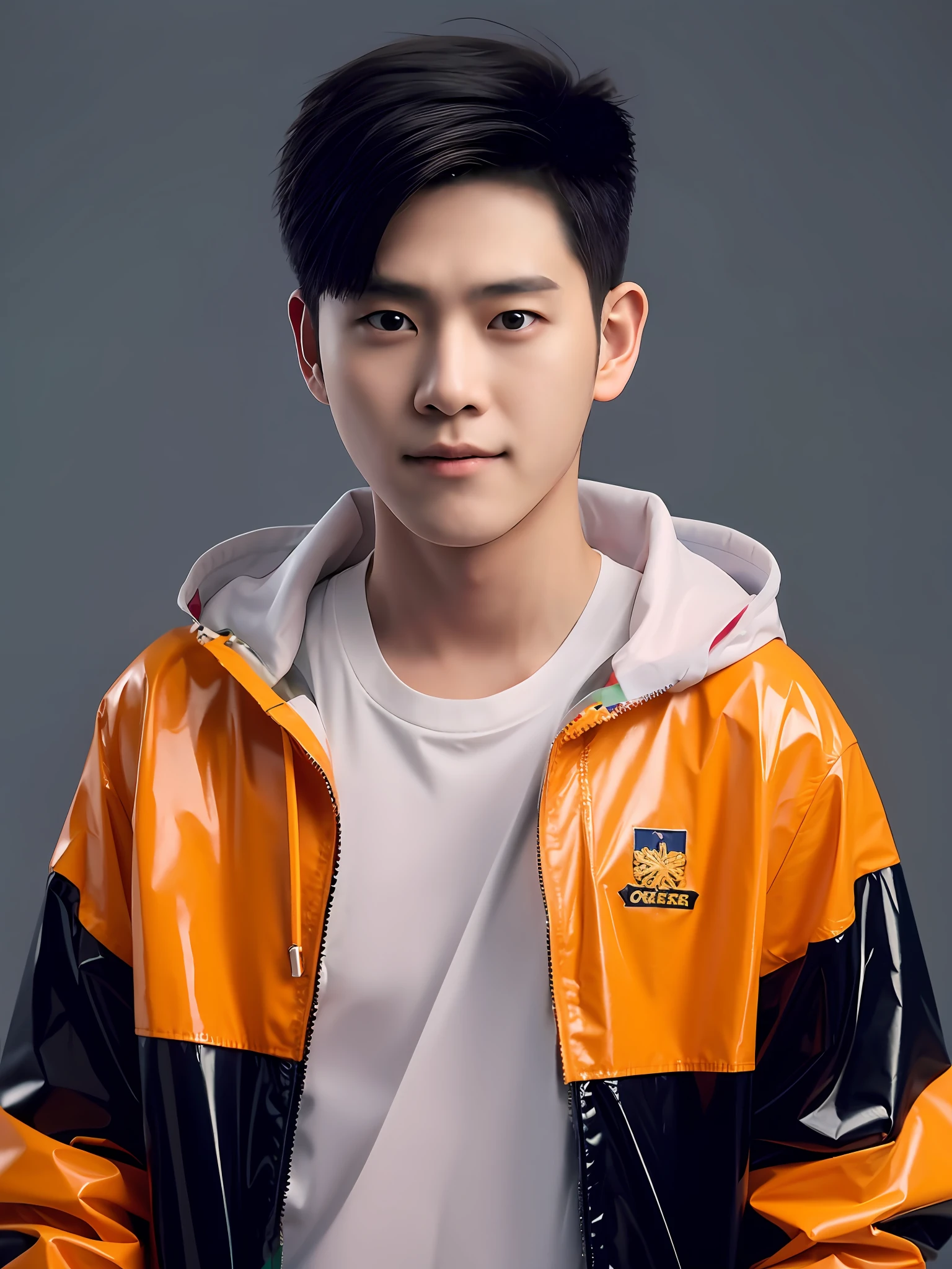 Chinese male high school student，Wear an orange PVC sweater，solid color backdrop