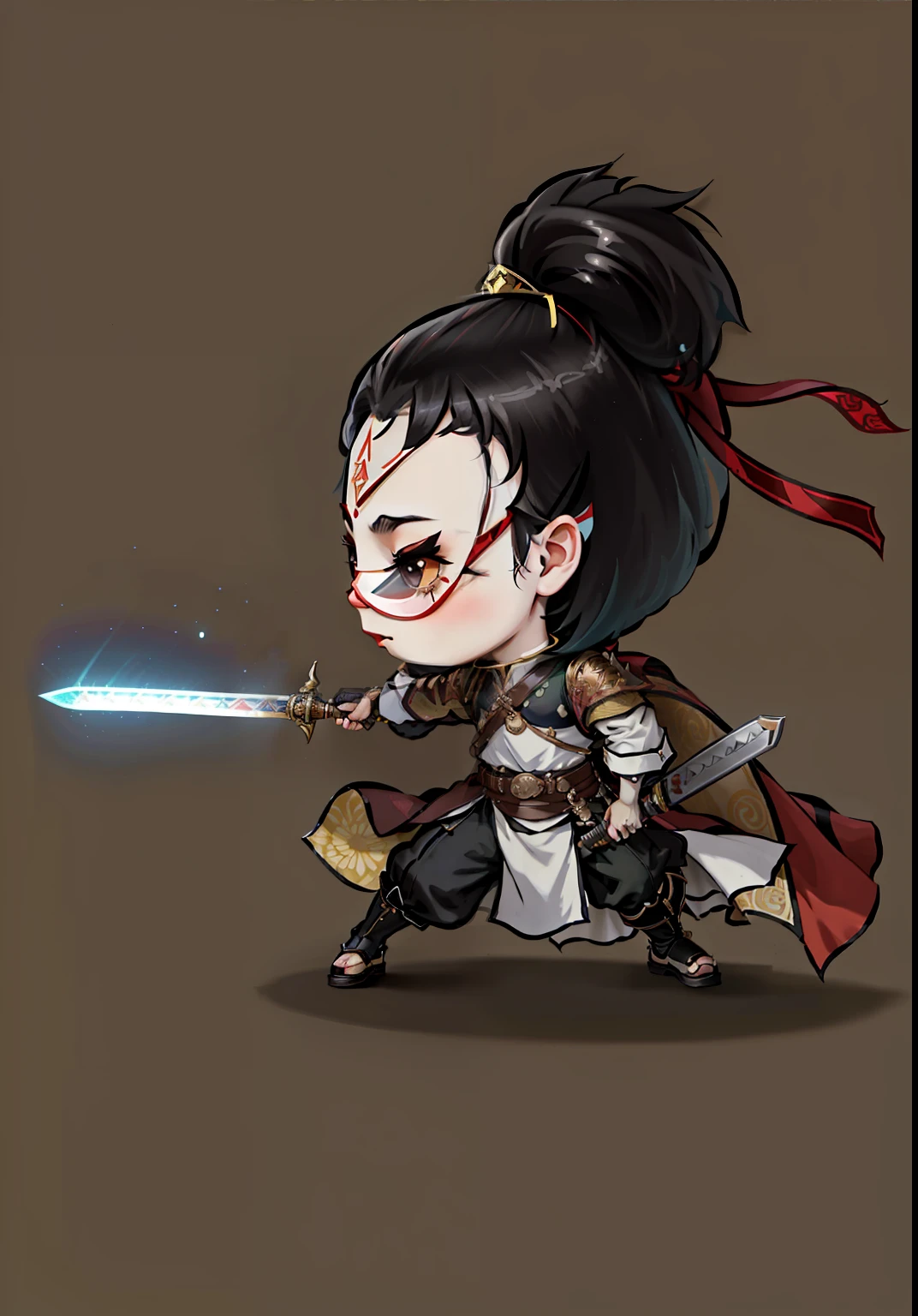 Chibi anime characters，The sword，sword sheath，Refinement，Fine painting，Refinement，infinite details，high definition detail，Delicate belt，Belt accessories，Male characters，Blindfolds，sideface，swordsman，dark colored hair，Patterned，Pattern，Blank background，Bright colors，Metal edging