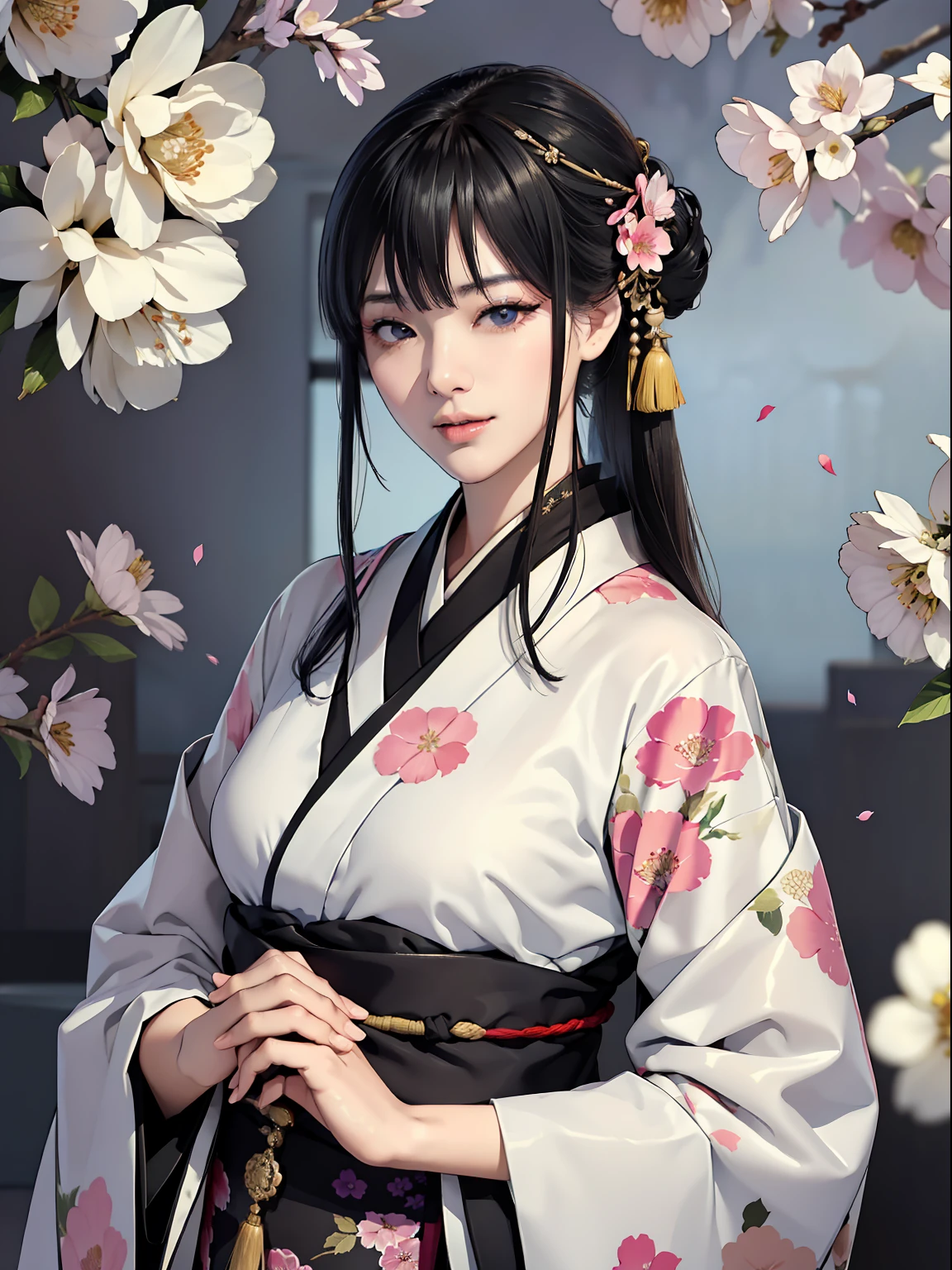 Mature girl、A slight smile、Black-haired、Colorful Japan kimono、Nishijin Ori、Delicate and smart eyes、intricate damask hanfu、Luxury accessories、FOV、F1.8、masterpiece、complex scenes、flower petals flying、Diagonal portrait shot、