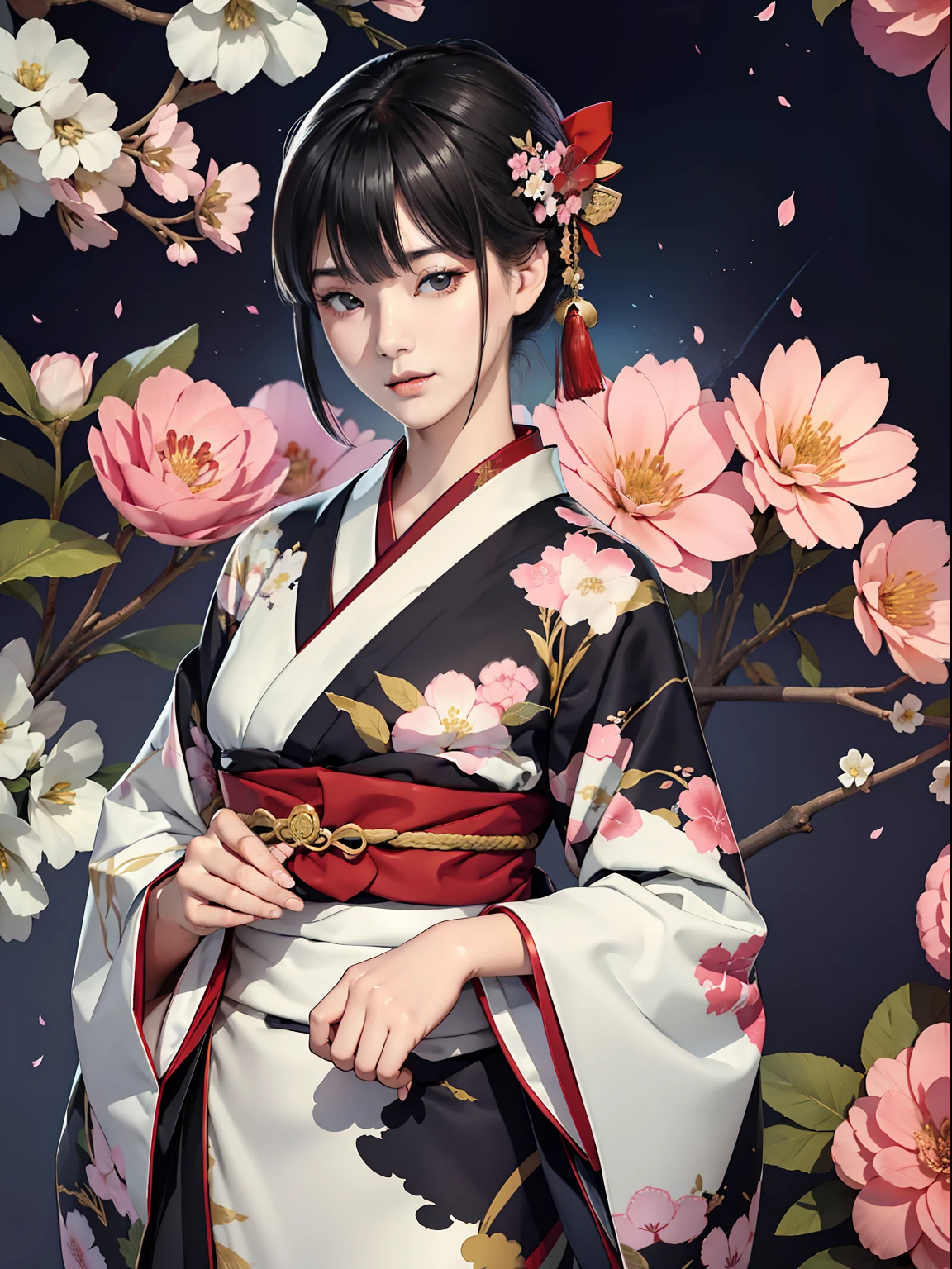 Mature girl、A slight smile、Black-haired、Colorful Japan kimono、Nishijin Ori、Delicate and smart eyes、intricate damask hanfu、Luxury accessories、FOV、F1.8、masterpiece、complex scenes、flower petals flying、Diagonal portrait shot、