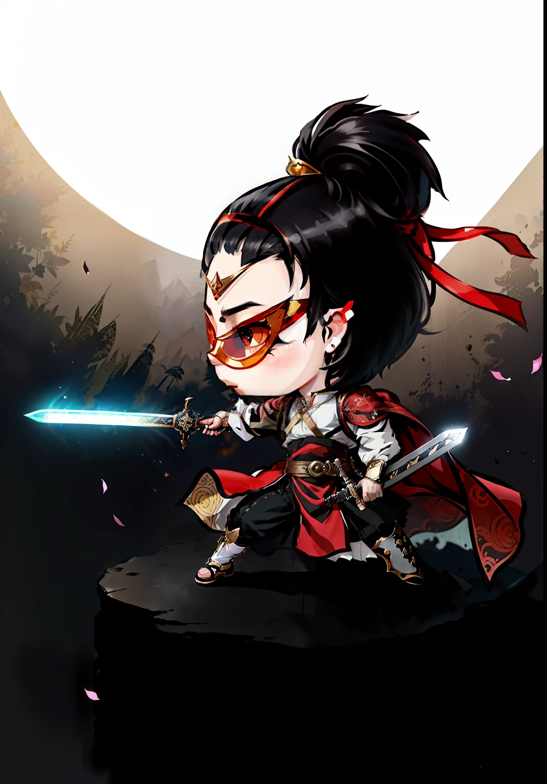 Chibi anime characters,The sword,sword sheath,Refinement,Fine painting,Refinement,infinite details,high definition detail,Delicate belt,Belt accessories,Male characters,Blindfolds,sideface,swordsman,dark colored hair,Patterned,Pattern,Blank background,Bright colors,Metal edging
