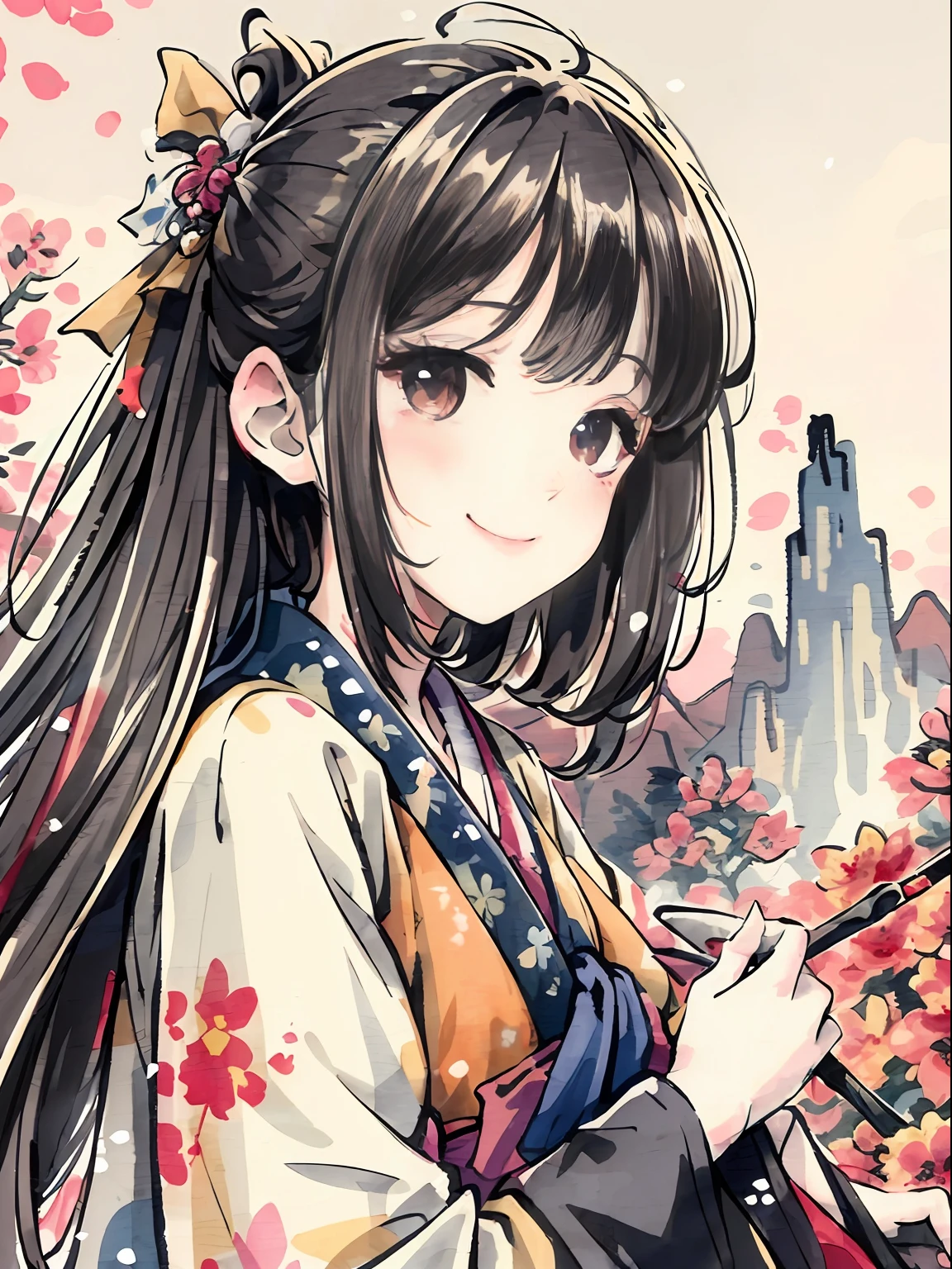 (illustration:1.1),(Best quality),(Masterpiece:1.1),(panoramicshooting:1.3),(Solo:1.2),A high resolution, (ink spatter),(Color splattering),Mountainous horizon, , Hanfu,hanfugirl,, Happy expression,Soft smile,frontage,Flower background,Pure,head portrait