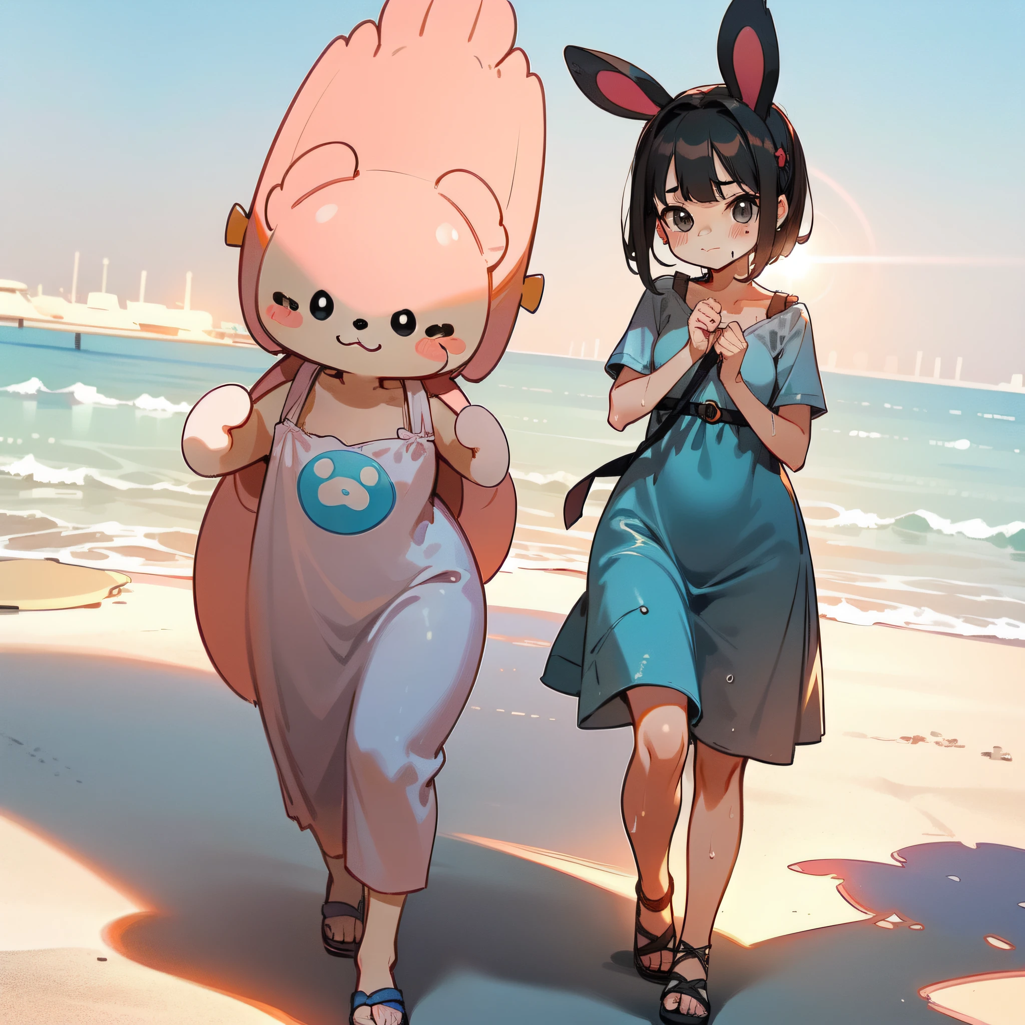 (Highly detailed CG Unity 8k wallpaper), (Best Quality), (Super Detail), (Best Illustration), (Best Shadow), POV, Realistic lighting and shading, Natural light, Lens flare effect, BREAK, 1 beautiful girl, Solo,(Cute:1.5),(Chibi:0.8), (kawaii:1.5),(Lori:0.5), BREAK, ((girl, Cute, Cheerful,  face, slightly bulging chest,(A dark-haired,a short bob,tareme:1.2), gleaming skin, Stuffed rabbit,BREAK,(Wet Casual Beachwear:1.2), (lightweight summer one-piece dress:1.2), (White rabbit ear headband:1.0), (flipflops:1.0), (star-shaped earring:1.1), (Cute Accessories:1.3), (Jealous face, large bulging cheeks, Staring ,Closed mouth:1.1), (Casual pose, Walking:1.3), (Beach background:1.3),🌄