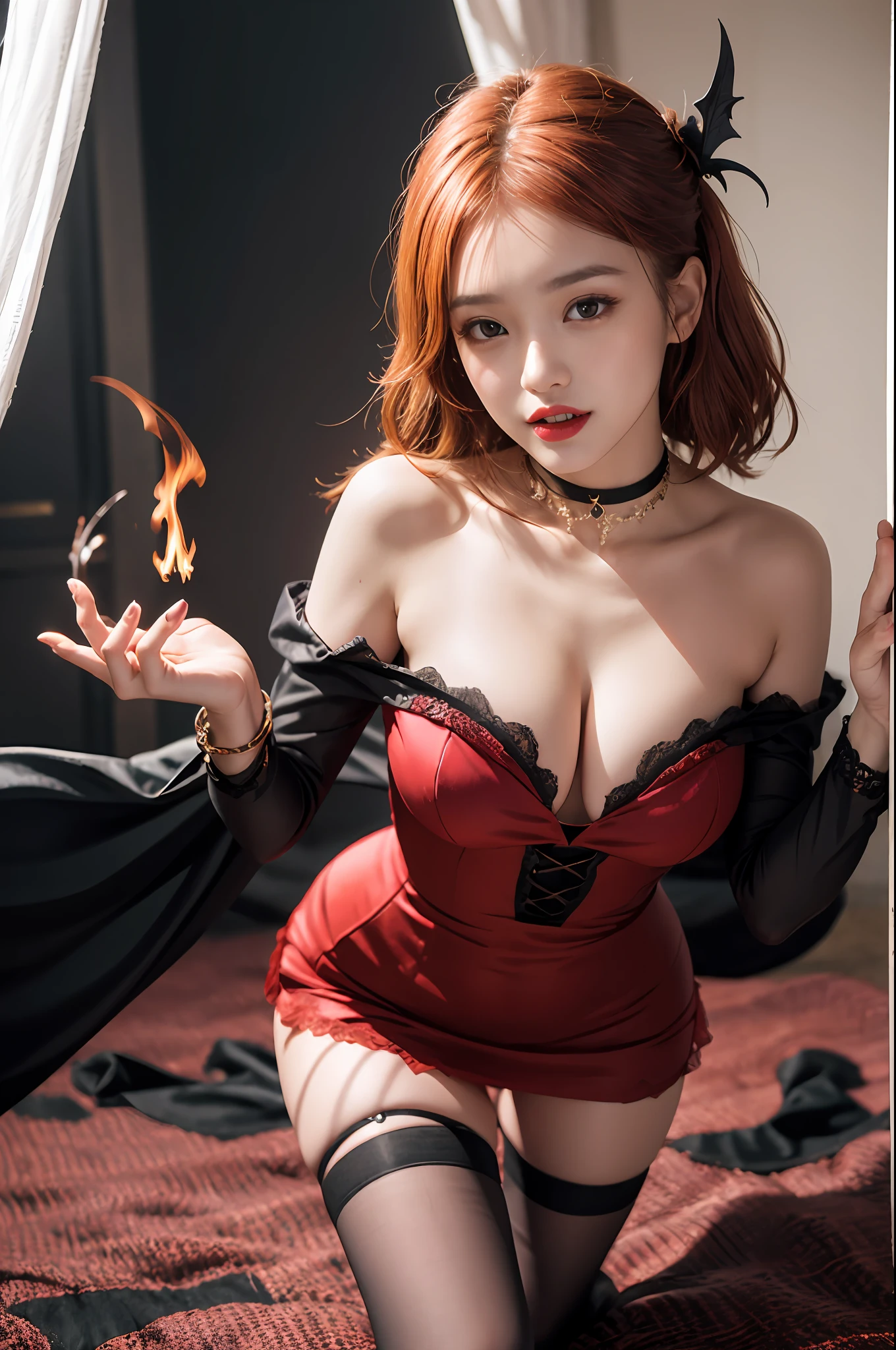 portrait of a full body、top-quality、hight resolution、Best Shadow、Red flames on forest background illuminated by red moonlight、Dark Fantasy、Japan Idols、Beautiful vampire girl、Red mouth、Beautiful fangs、A sneaky face that captivates tiny beautiful viewers、Big red eyes、Black Lace Fabric Dress、a red choker、red bracelets、Red high heels、fishnet tights、beautifull hands、Beautiful Finger、Hourglass body、Colossal tits、spread large black feathers on the back,,,,,,,,,,,,A flock of bats、Girl wearing red flame on body、Vampire Fangs、short orange hair