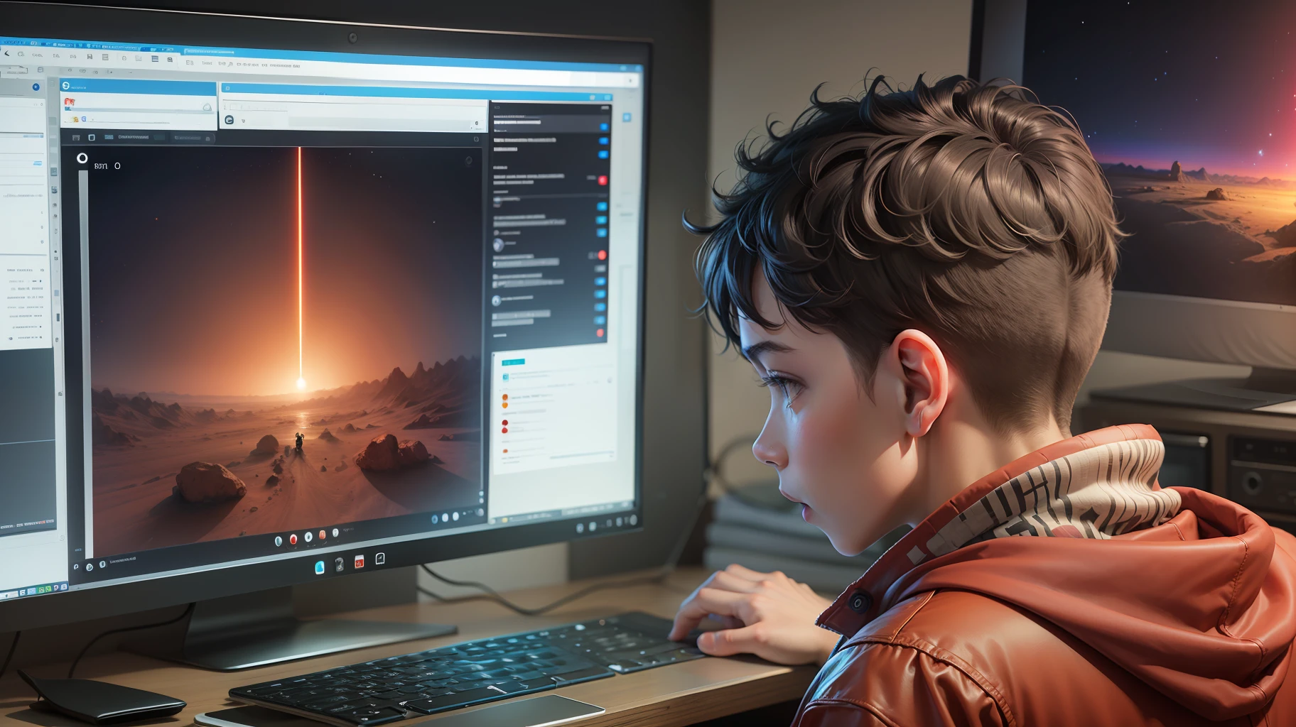 A man showing a red planet on a computer screen, to a boy.
