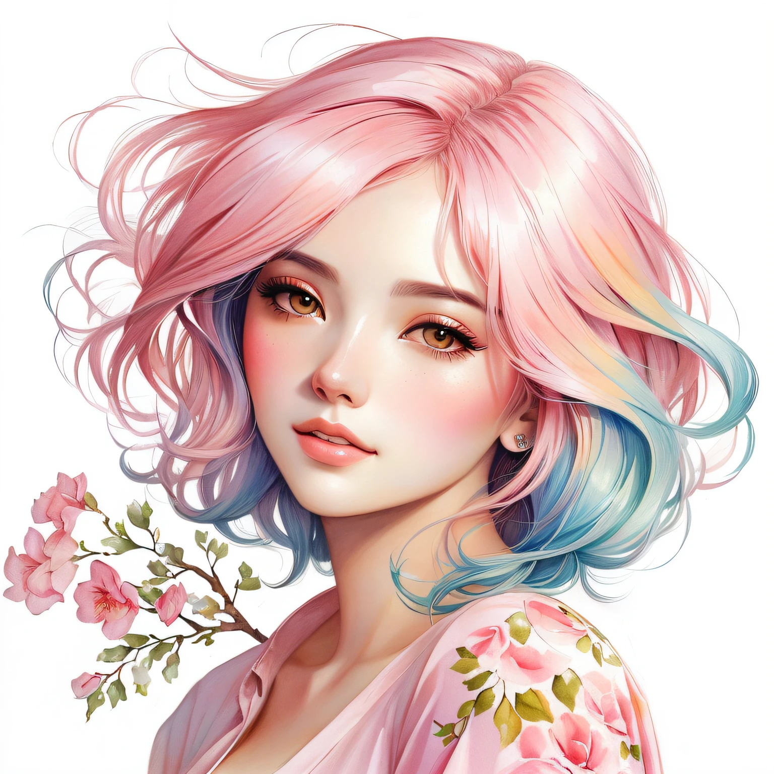 um desenho de uma mulher com um cabelo rosa e uma camisa listrada, desenho colorido, colorful sketch, No estilo de arte de Bowater, aquarela artstyle, full-colour illustration, color digital illustration, Lois van Baarle e Rossdraw, Procreate Illustration, arte dos desenhos animados, Amy Sol no estilo de, full-colour illustration, retrato colorido