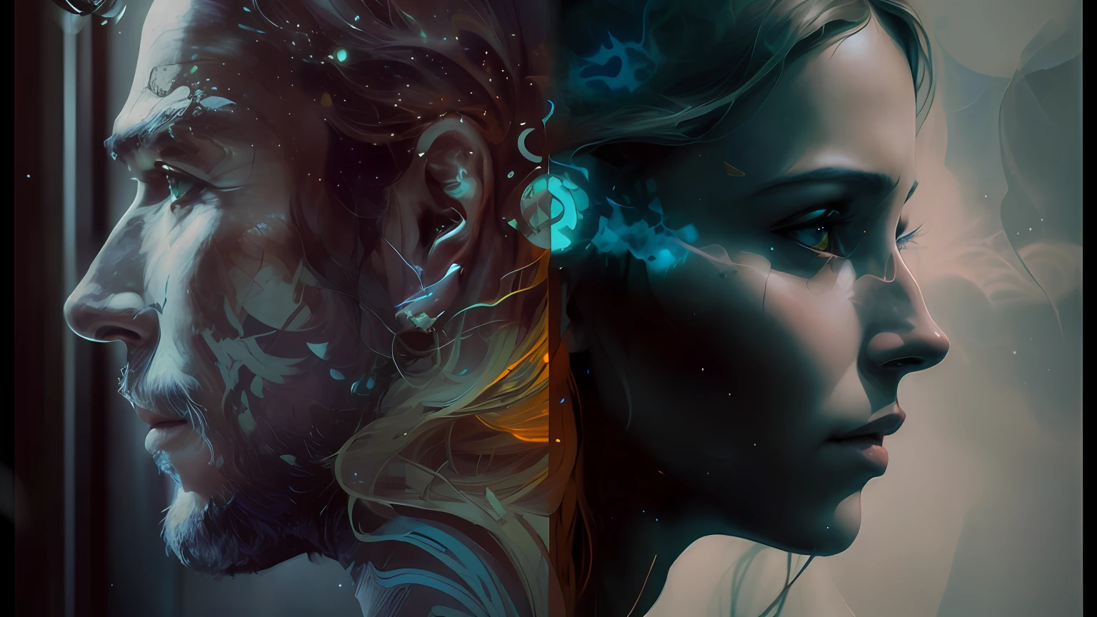 There is a man and a woman with fire in their faces, Retrato VFX altamente detalhado, retrato vfx altamente detalhado de, VFX surreal altamente detalhado, arte digital 4k inquietante, rosto derretendo no universo, symmetrical artwork. cinemactic, symmetrical portrait scifi, Beeple e Alphonse Mucha, cinematic digital art, Beeple e James Jean