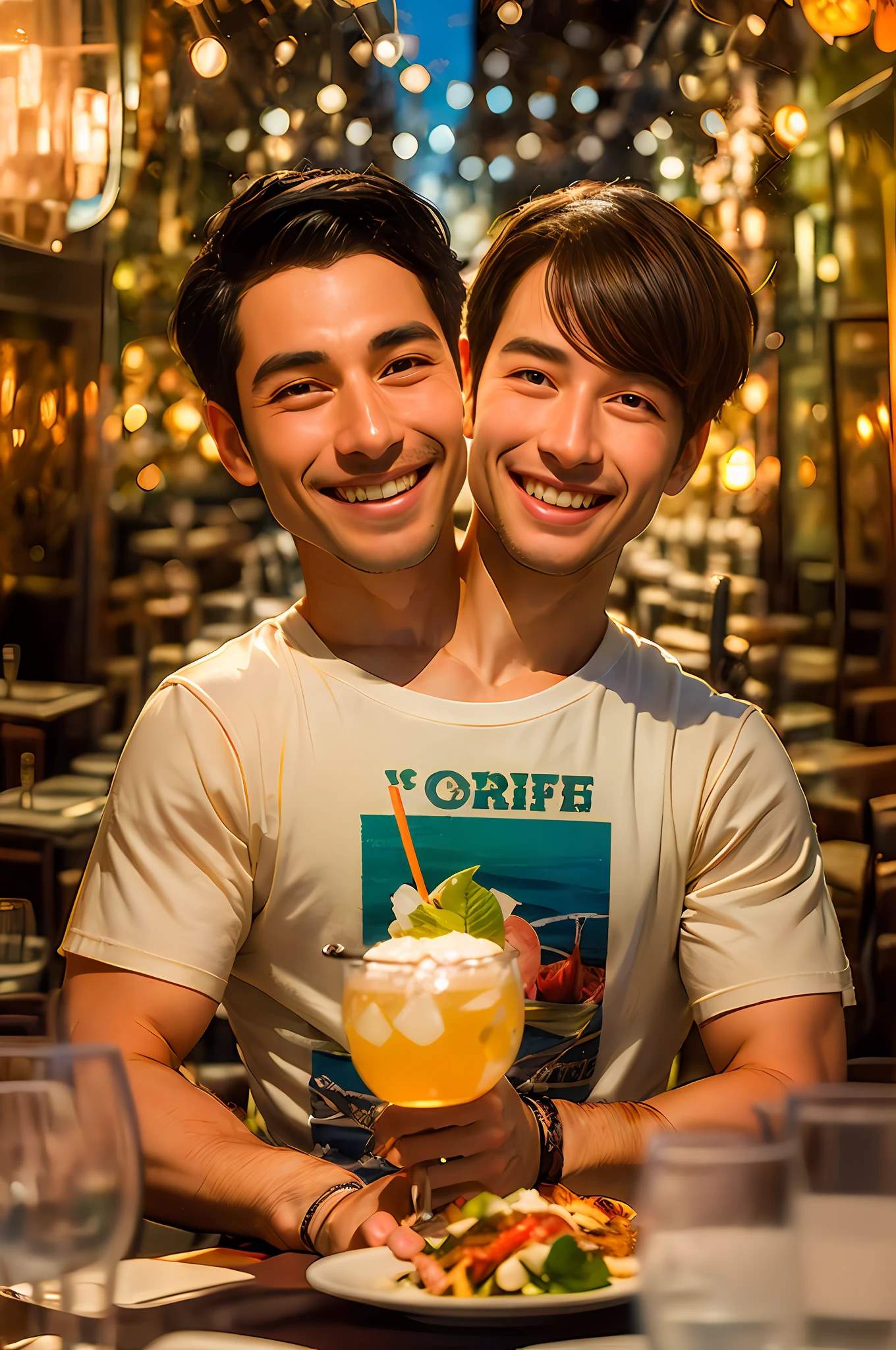 (((2heads))),(masterpiece, best quality:1.2), spring in a restaurant table looking at viewer, arms resting on restaurant table, appetizers and drinks on table, smiling, , solo, male focus, 1boy, twilight \(spy x family\), closed mouth, different faces, looking at viewer, short blonde hair, brown hair, colorful t-shirt, speefo, outdoors, mexican resort background