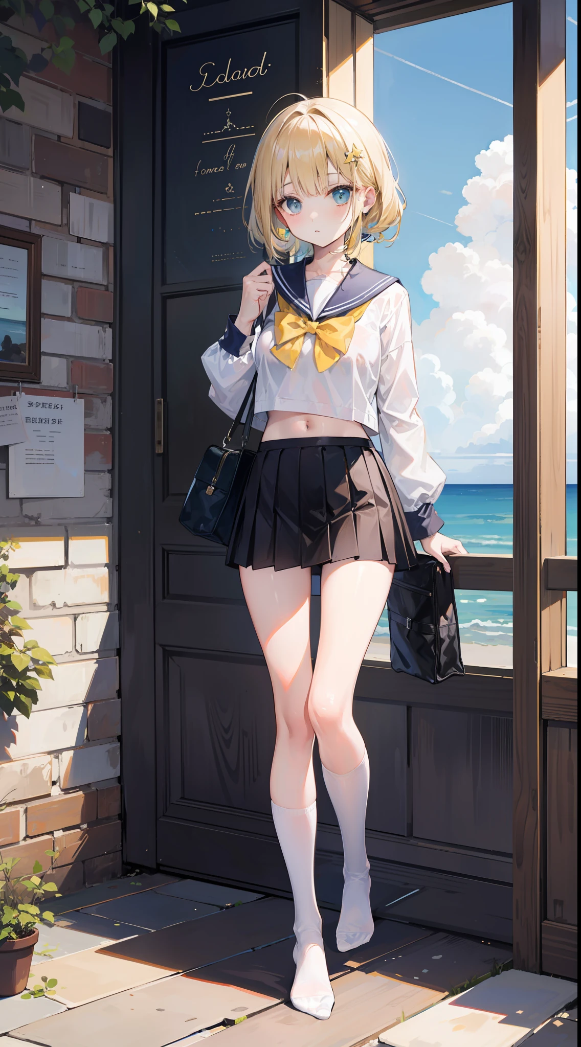 Masterpiece((tmasterpiece)),(White color blouse),((Black JK miniskirt)),(White transparent stockings),adolable,is shy,(Long yellow)Hair,red bowtie,long leges,(Have by the sea),(Facing the sea),Open navel,No shoes on,(standing on your feet),(a sailor suit)