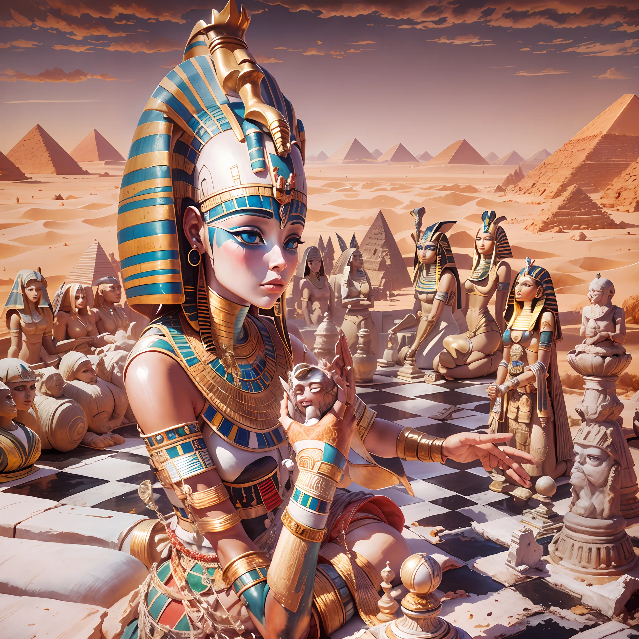 complex 3d render ultra detailed of a beautiful porcelain profile woman android face, cyborg, robotic parts, painting of a pharaoh and a chess board in a desert, egypt themed art, surreal chess, egyptian setting, egyptian atmosphere, pharaoh, pharoah, surreal oil on canvas, egyptian landscape, surrealistic painting, pyramids, egyptian style, sphinx in distance, surreal painting, ancient egypt painting, checkerboard horizon, surreal oil painting, by Wayne England, by David Burton-Richardson