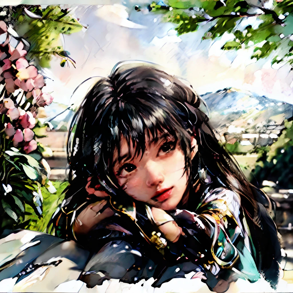 realistic, stechu,(white background:1.4), ((tachi-e)), original,(illustration:1.1),(best quality),(masterpiece:1.1),(extremely detailed CG unity 8k wallpaper:1.1), (colorful:0.9),(panorama shot:1.4),(solo:1.2), (ink splashing),(color splashing),((watercolor)), clear sharp focus,{ 1girl standing },((korean style )),flower background,outdoors,rocks, looking at viewer, make happy expressions,soft smile,pure,beautyfull detailed face and eyes,beautyfull intricacy clothing decorative pattern details, black hair,black eyes,colorwater