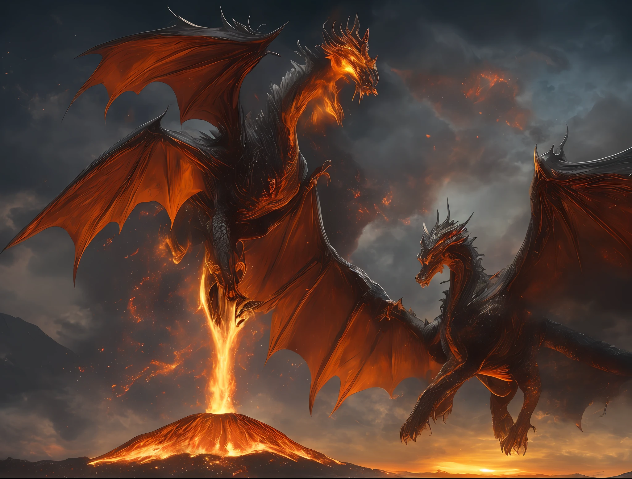 In an active volcano, surrounded by a sea of bubbling lava, the setting sun casts a golden glow as an ancient dragon awakens from its millennia-long slumber. Its scales glisten in shades of emerald, sapphire, and ruby, reflecting the richness of its ancient wisdom.

With majestic wings unfurled, it rises from the depths of the earth, displaying a wingspan that darkens the sky. Its eyes spark with the intensity of profound and ancient knowledge, and its breath resounds like distant thunder.

Around the volcano, mythical creatures from phoenixes to griffins gather in reverence of the rise of the Ancient Dragon, as if they recognize the significance of this singular event in the history of the world.

The spirits of ancient heroes observe from beyond, witnessing the awakening of the guardian they swore to protect. The earth trembles in acknowledgment of the return of a being of unparalleled power.

These epic scenes portray moments of intensity, beauty, and grandeur in the world of fantasy, capturing the imagination and fascination of all who behold them.