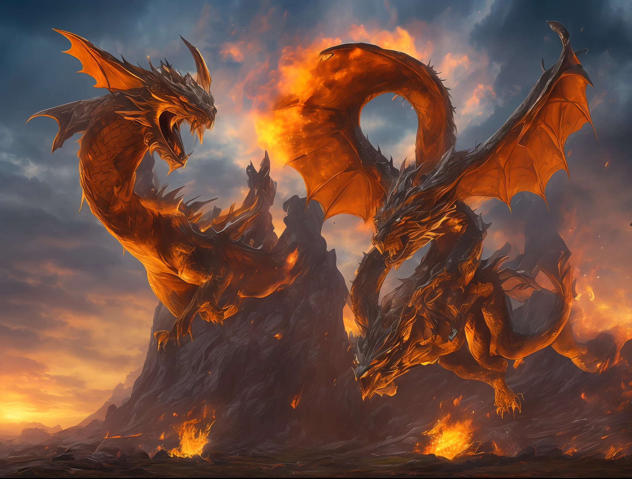In an active volcano, surrounded by a sea of bubbling lava, the setting sun casts a golden glow as an ancient dragon awakens from its millennia-long slumber. Its scales glisten in shades of emerald, sapphire, and ruby, reflecting the richness of its ancient wisdom.
With majestic wings unfurled, it rises from the depths of the earth, displaying a wingspan that darkens the sky. Its eyes spark with the intensity of profound and ancient knowledge, and its breath resounds like distant thunder.
Around the volcano, mythical creatures from phoenixes to griffins gather in reverence of the rise of the Ancient Dragon, as if they recognize the significance of this singular event in the history of the world.
The spirits of ancient heroes observe from beyond, witnessing the awakening of the guardian they swore to protect. The earth trembles in acknowledgment of the return of a being of unparalleled power.
These epic scenes portray moments of intensity, beauty, and grandeur in the world of fantasy, capturing the imagination and fascination of all who behold them.