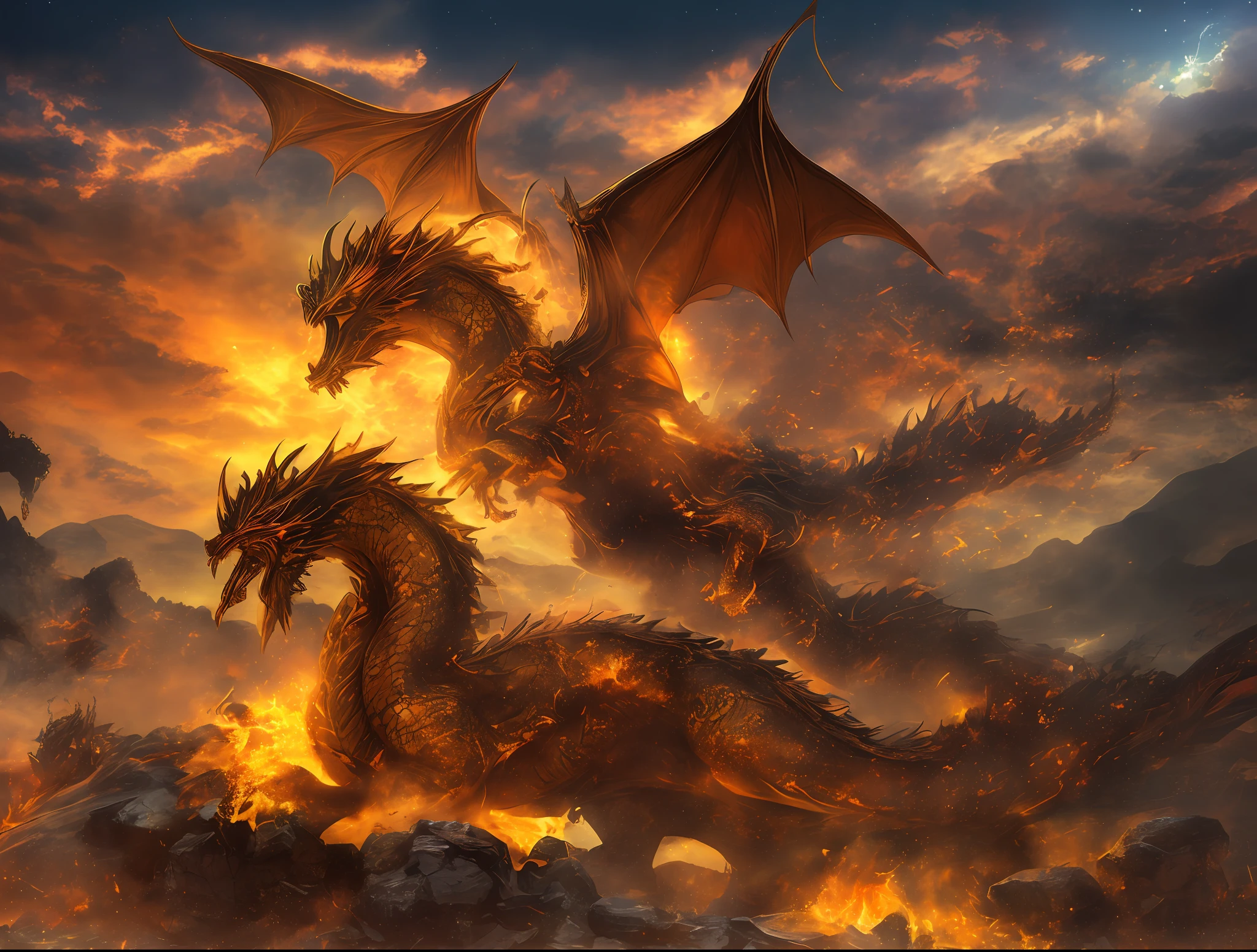 In an active volcano, surrounded by a sea of bubbling lava, the setting sun casts a golden glow as an ancient dragon awakens from its millennia-long slumber. Its scales glisten in shades of emerald, sapphire, and ruby, reflecting the richness of its ancient wisdom.
With majestic wings unfurled, it rises from the depths of the earth, displaying a wingspan that darkens the sky. Its eyes spark with the intensity of profound and ancient knowledge, and its breath resounds like distant thunder.
Around the volcano, mythical creatures from phoenixes to griffins gather in reverence of the rise of the Ancient Dragon, as if they recognize the significance of this singular event in the history of the world.
The spirits of ancient heroes observe from beyond, witnessing the awakening of the guardian they swore to protect. The earth trembles in acknowledgment of the return of a being of unparalleled power.
These epic scenes portray moments of intensity, beauty, and grandeur in the world of fantasy, capturing the imagination and fascination of all who behold them.