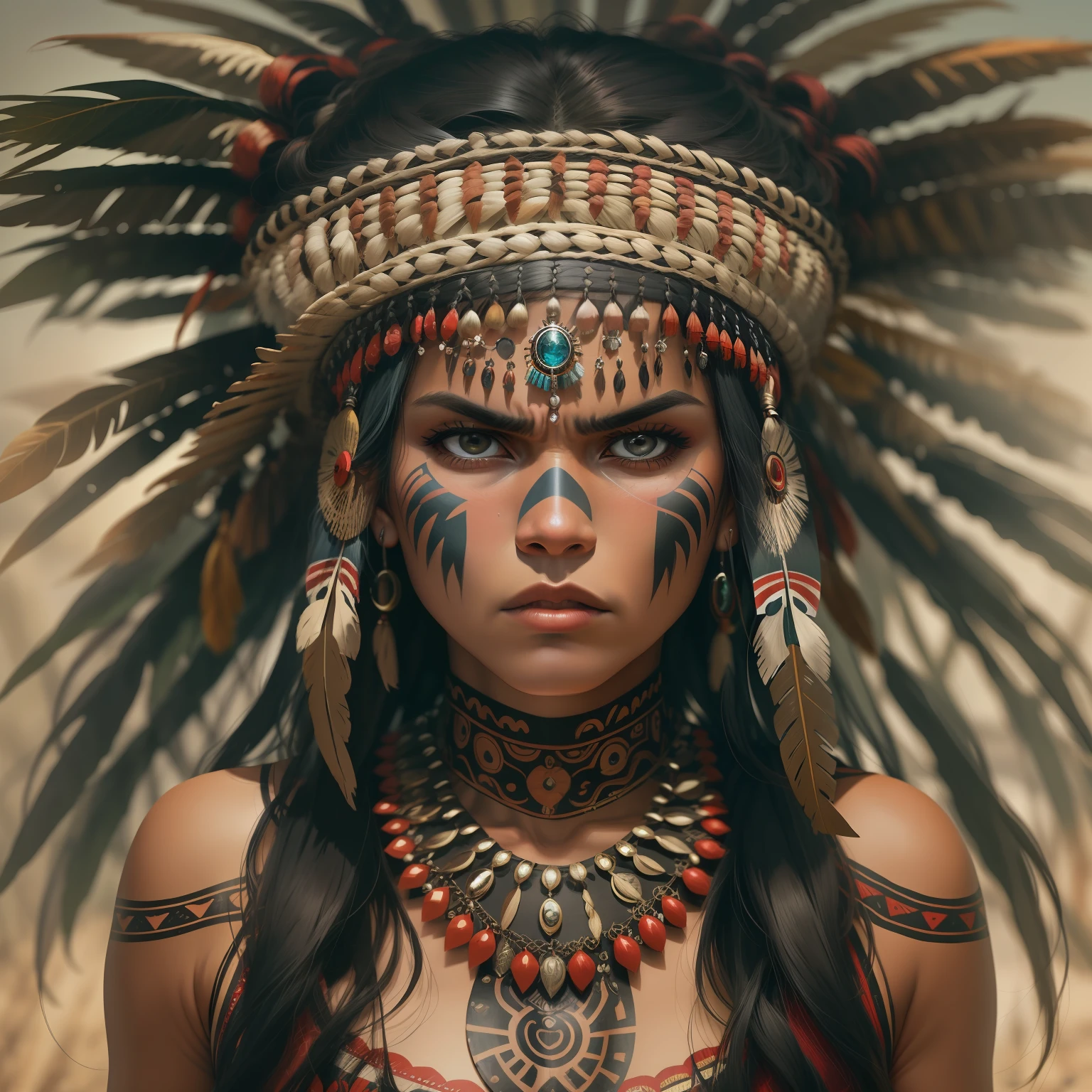 A beautiful angry indigenous woman, cabelos pretos longos cacheados com franja, rosto bonito, imagem alto detalhe, simetria, Arte de Fantasia