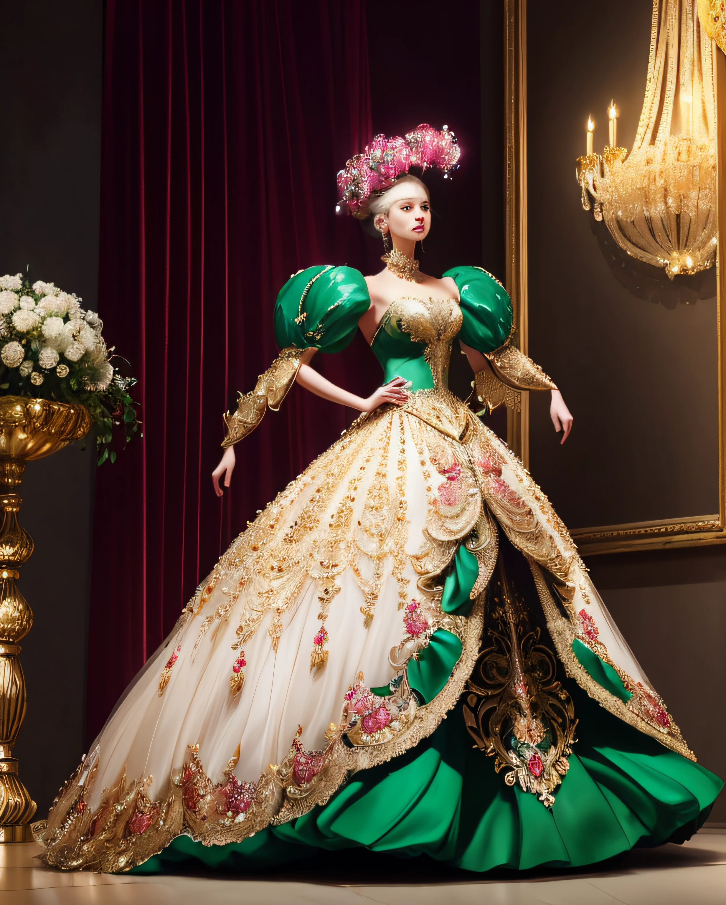 a hyper realistic photograph of a girl standing wearing a majestic light beige and gold ball gown dress, big beautiful dress, intricate puffy ball gown with lots of ruffles and rhinestones (Best quality, masterpiece, ArtStation, Fantasy Art:1.2), a palace room, a beautiful cute girl, (long white hair:1.1), (intricate short gold skirt, bare legs:1.2, full body shot)