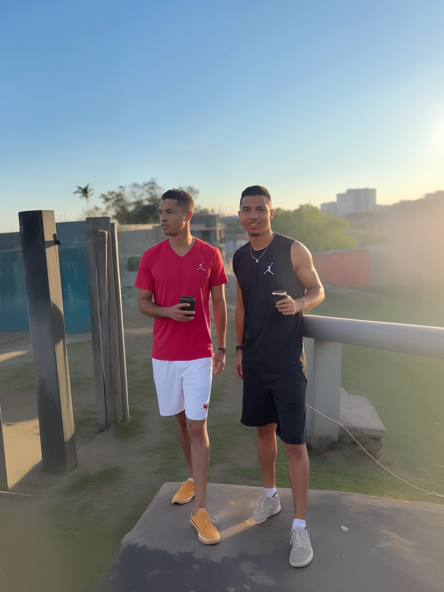 There are two men next to each other on a cement slab, Capturado no iPhone, Bowater Charlie e Brom Gerald, during sunset, com uma cidade em segundo plano, dois rapazes, Pablo Carpio e Jordan Grimmer, with sunset, com aldeia, Ronaldo Luis Nazario da Lima, nice afternoon lighting, Directed by: Alexander Fedosav, Petros e Leonid