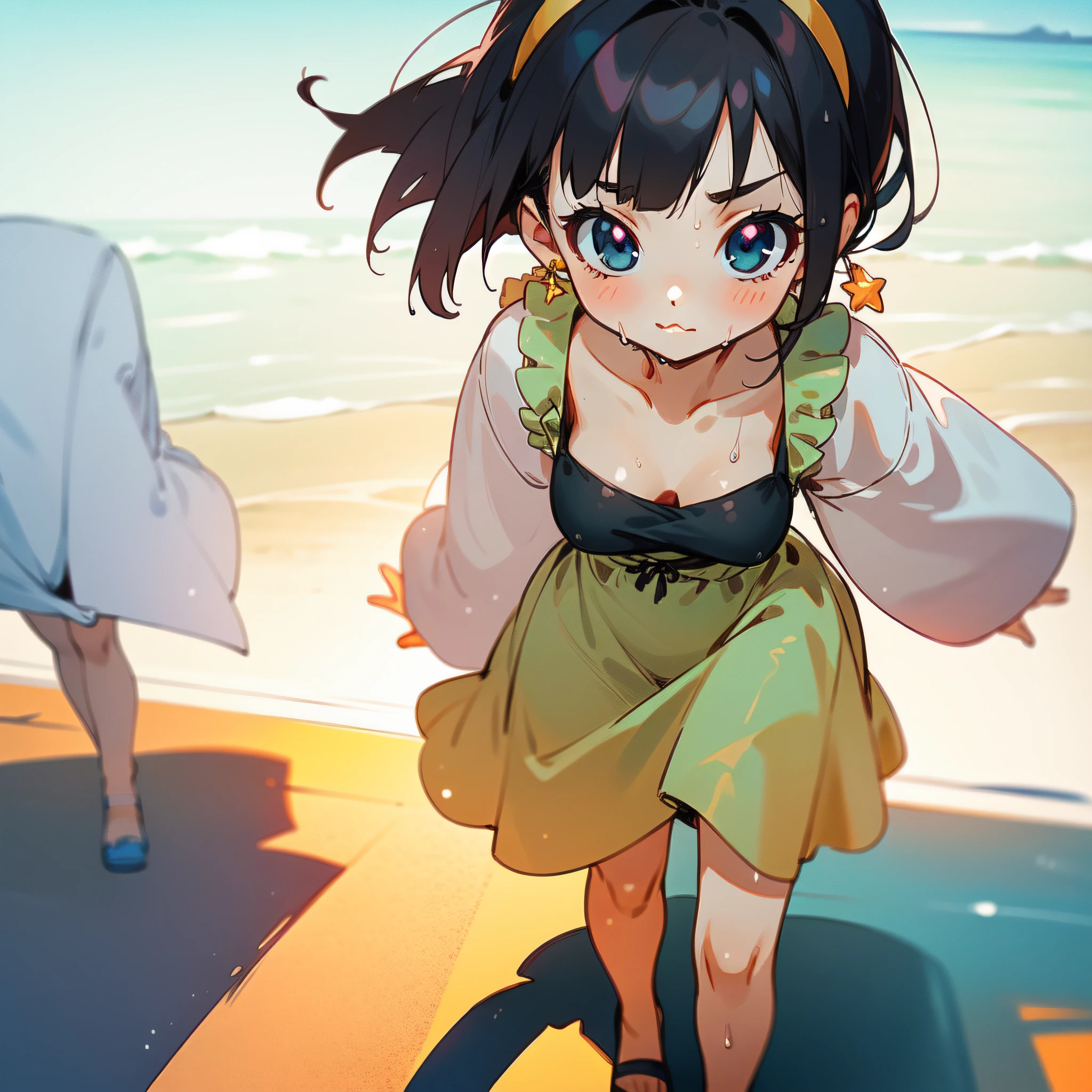 (Highly detailed CG Unity 8k wallpaper), (Best Quality), (Super Detail), (Best Illustration), (Best Shadow), POV, Realistic lighting and shading, Natural light, Lens flare effect, BREAK, 1 beautiful girl, Solo,(Cute:1.5),(Chibi:0.8), (kawaii:1.5),(Lori:0.5), BREAK, ((girl, Cute, Cheerful, Loli face, slightly bulging chest,(A dark-haired,a short bob,tareme:1.2), gleaming skin, Stuffed rabbit,BREAK,(Wet Casual Beachwear:1.2), (lightweight summer one-piece dress:1.2), (White rabbit ear headband:1.0), (flipflops:1.0), (star-shaped earring:1.1), (Cute Accessories:1.3), (Jealous face, large bulging cheeks, Staring ,Closed mouth:1.1), (Casual pose, Walking:1.3), (Beach background:1.3),🌄