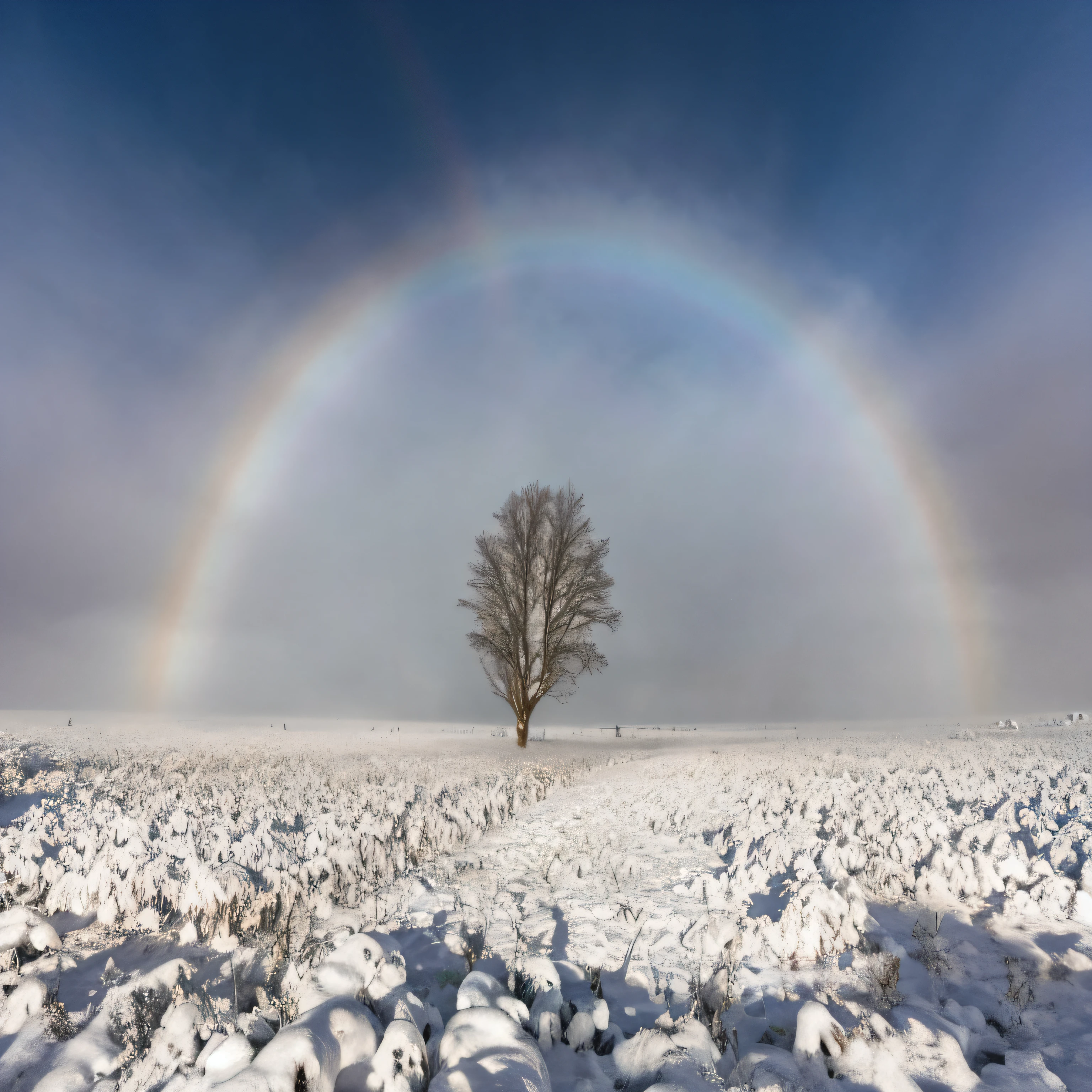 arafed tree in a snow covered field with a rainbow in the sky, brocken spectre, prismatic halo, moonbow, weather photography, white light halo, just one rainbow 8 k, ornamental halo, angelic halo, a glowing halo, in the middle of a snow storm, rainbow, glowing halo, snowy plains, ethereal rainbows, mystical setting --auto