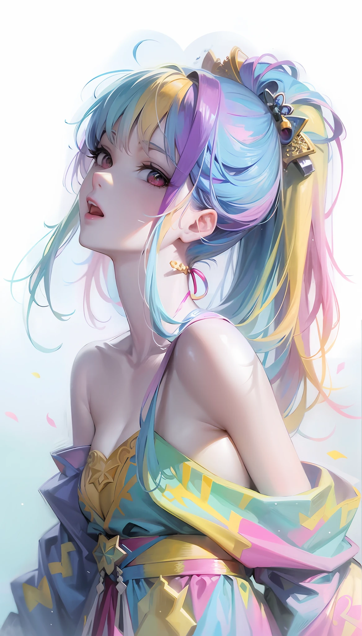 animemanga girl，Colorful hair，The skirt is colorful，Rossdraws pastels are vibrant，Rossdraws cartoons are vibrant，style of anime4 K，a beautiful anime portrait，Artgerm is colorful！！！，！Dream Artgerm，Beautiful anime girls，anime styled digital art，Anime art wallpaper 4k，Anime art wallpaper 4k，Digital anime art，Very detailed artgerm，Short neck，Short neck，Short neck