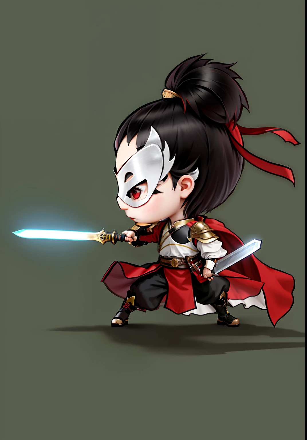 Chibi anime characters，The sword，sword sheath，Refinement，Fine painting，Refinement，infinite details，high definition detail，Delicate belt，Belt accessories，Male characters，Blindfolds，sideface，swordsman，dark colored hair，Patterned，Pattern，Blank background，Bright colors，Metal edging