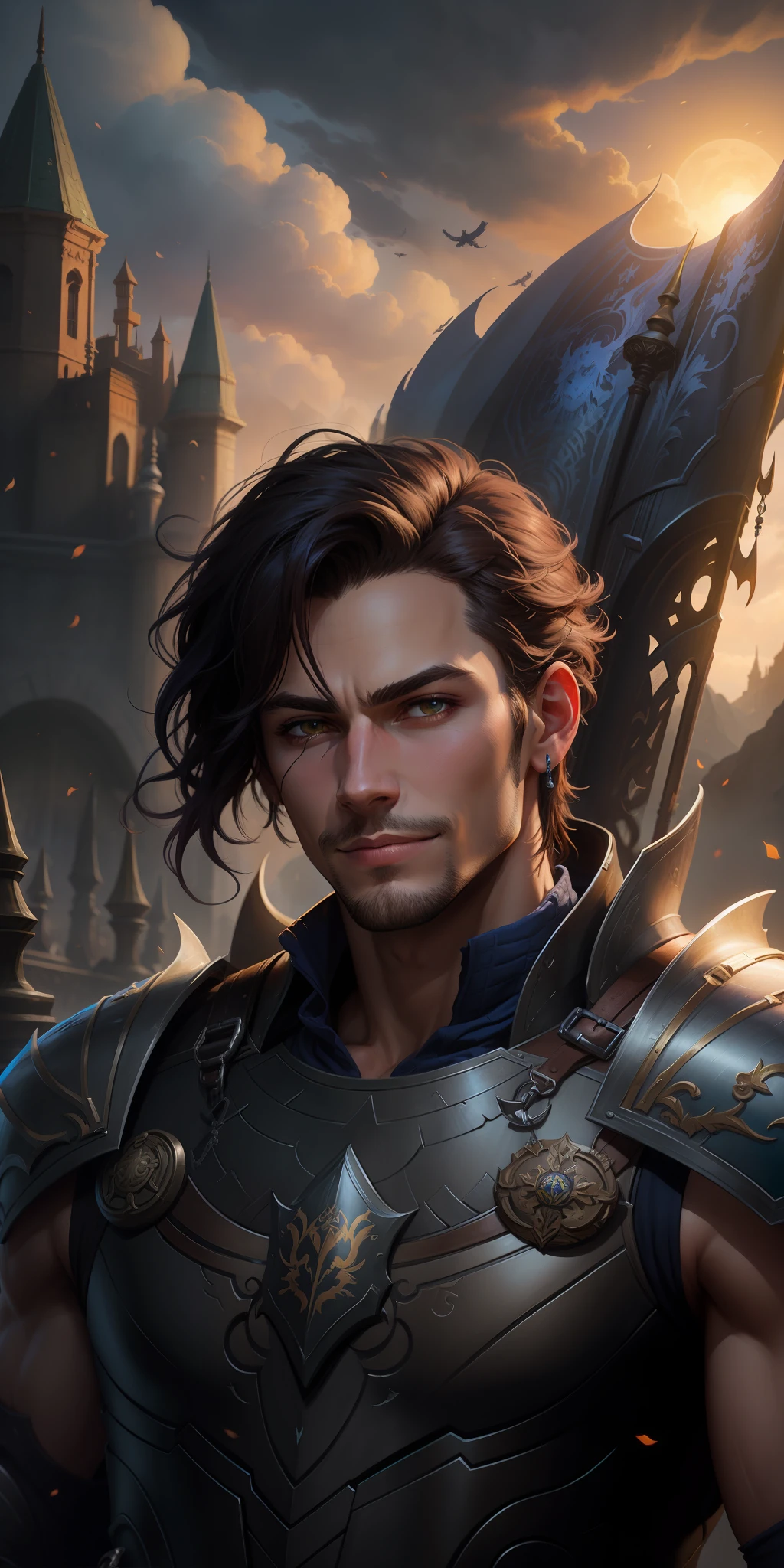 Arafed macho em armadura com uma espada na frente de uma cidade, retrato masculino da fantasia, cara bonito na arte demon slayer, um paladino masculino humano, por Yang J, Graphic artist Magali Villeneuve, Paladino masculino, Magali Villeneuve», epic fantasy art portrait, fantasy art smug smile man, retrato detalhado do caractere, Epic fantasy art style