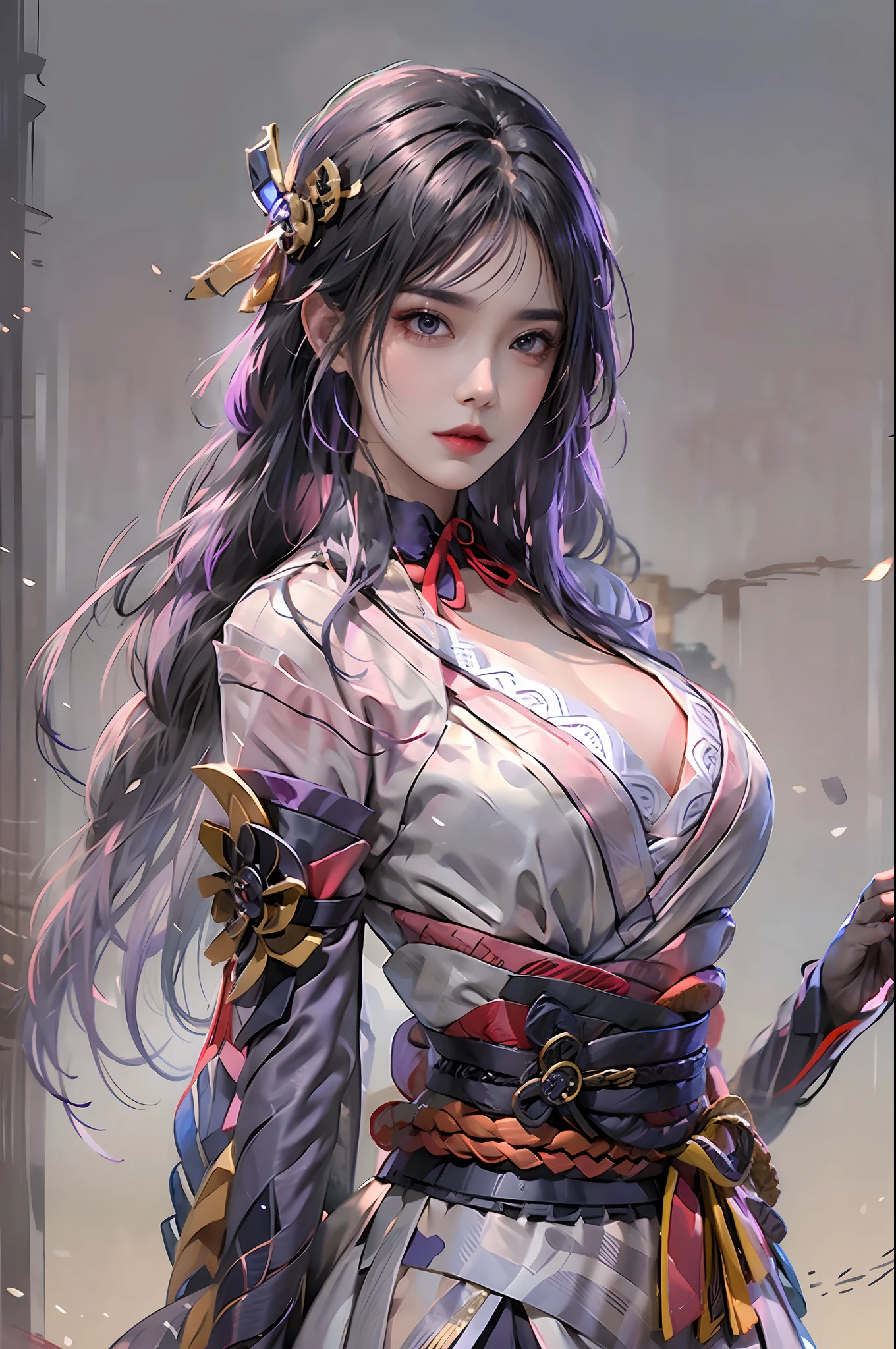 photorealistic, high resolution, 1 girl, hips up, long hair, beautiful eyes, normal breast, raiden shogun costume