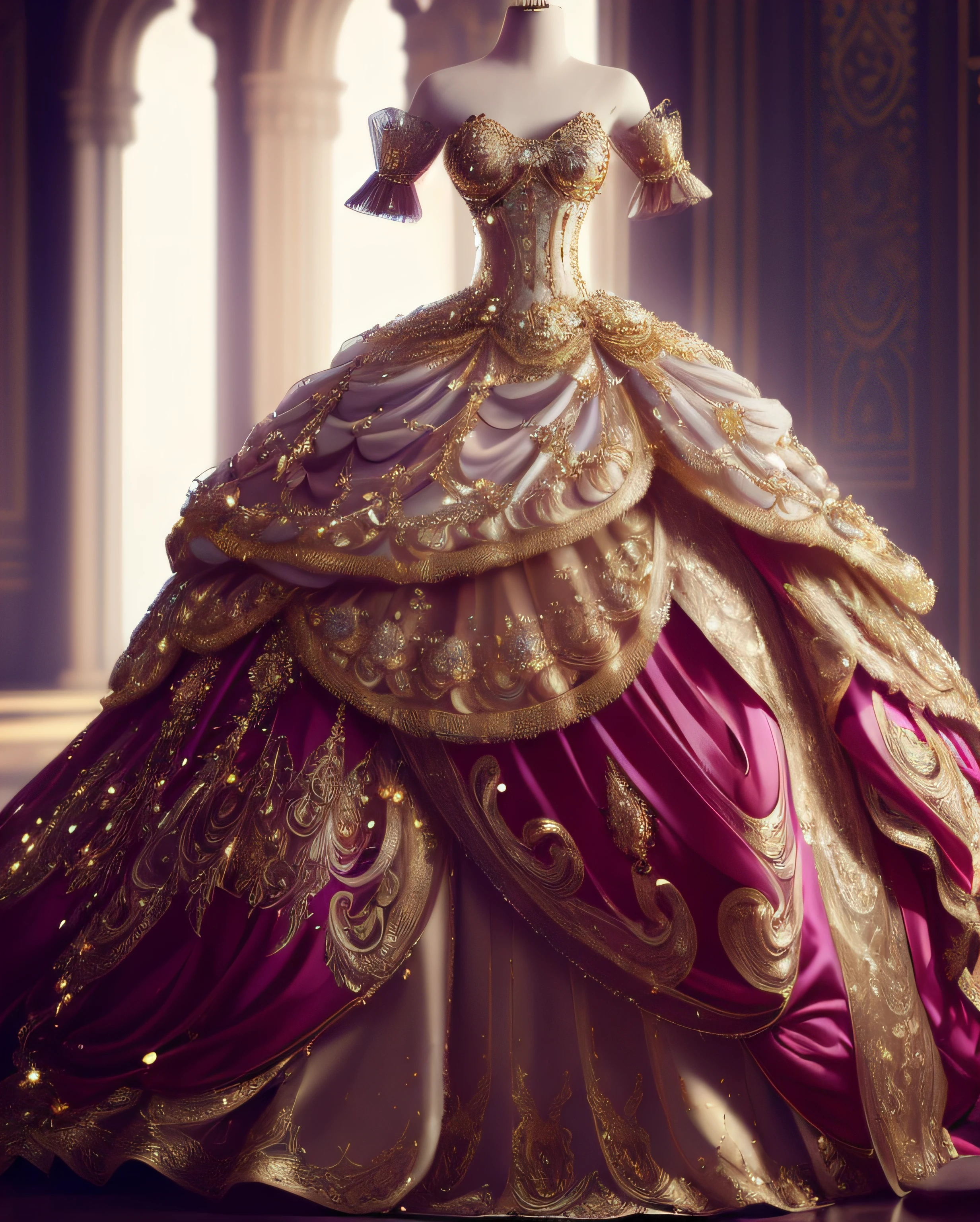 a hyper realistic photograph of a girl standing wearing a majestic light beige and gold ball gown dress, big beautiful dress, intricate puffy ball gown with lots of ruffles and rhinestones (Best quality, masterpiece, ArtStation, Fantasy Art:1.2), a palace room, a beautiful cute girl, (long white hair:1.1), (intricate short gold skirt, bare legs:1.2, full body shot)