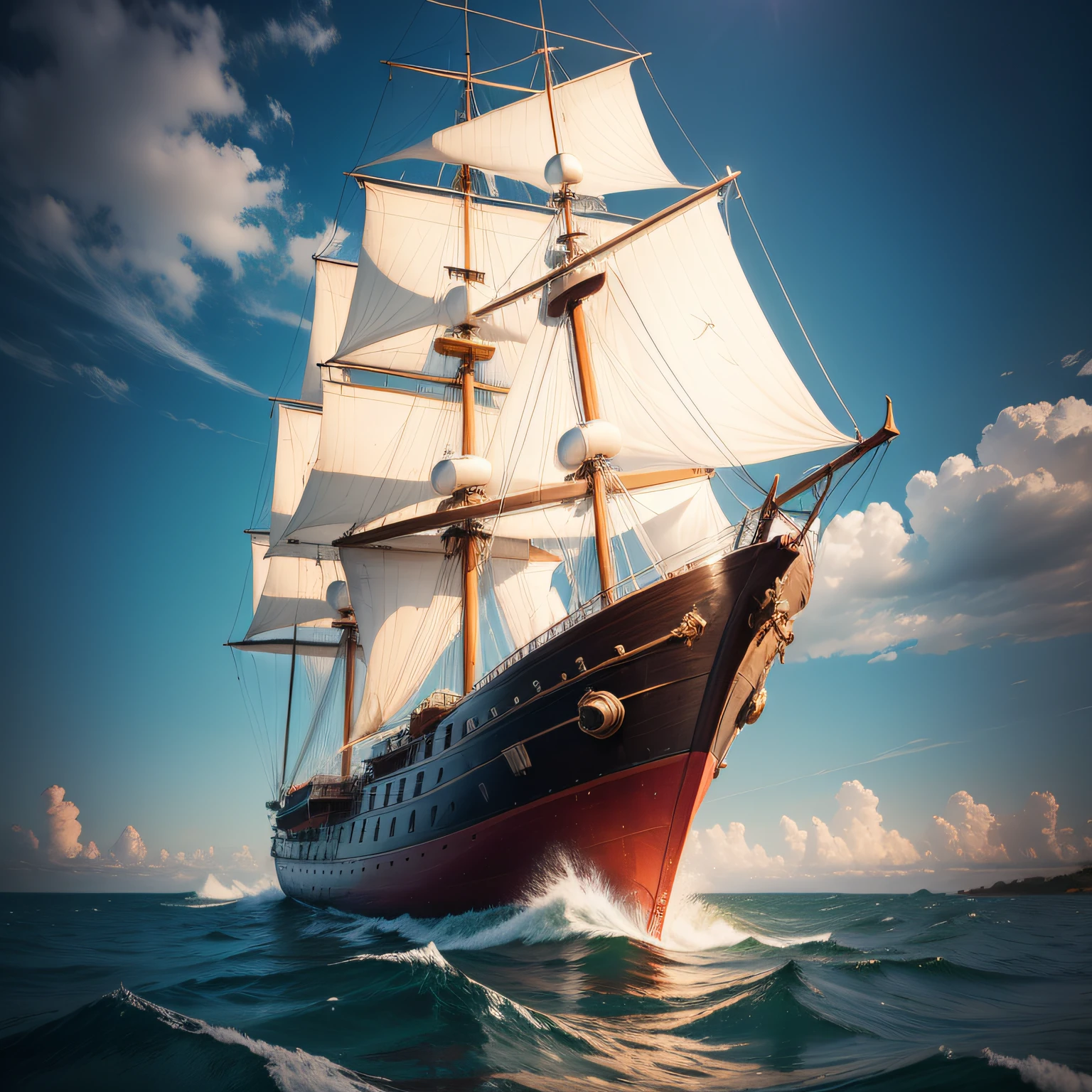 imagem super realista de um barco a vela no meio do mar, standing water, dia ensolarado
