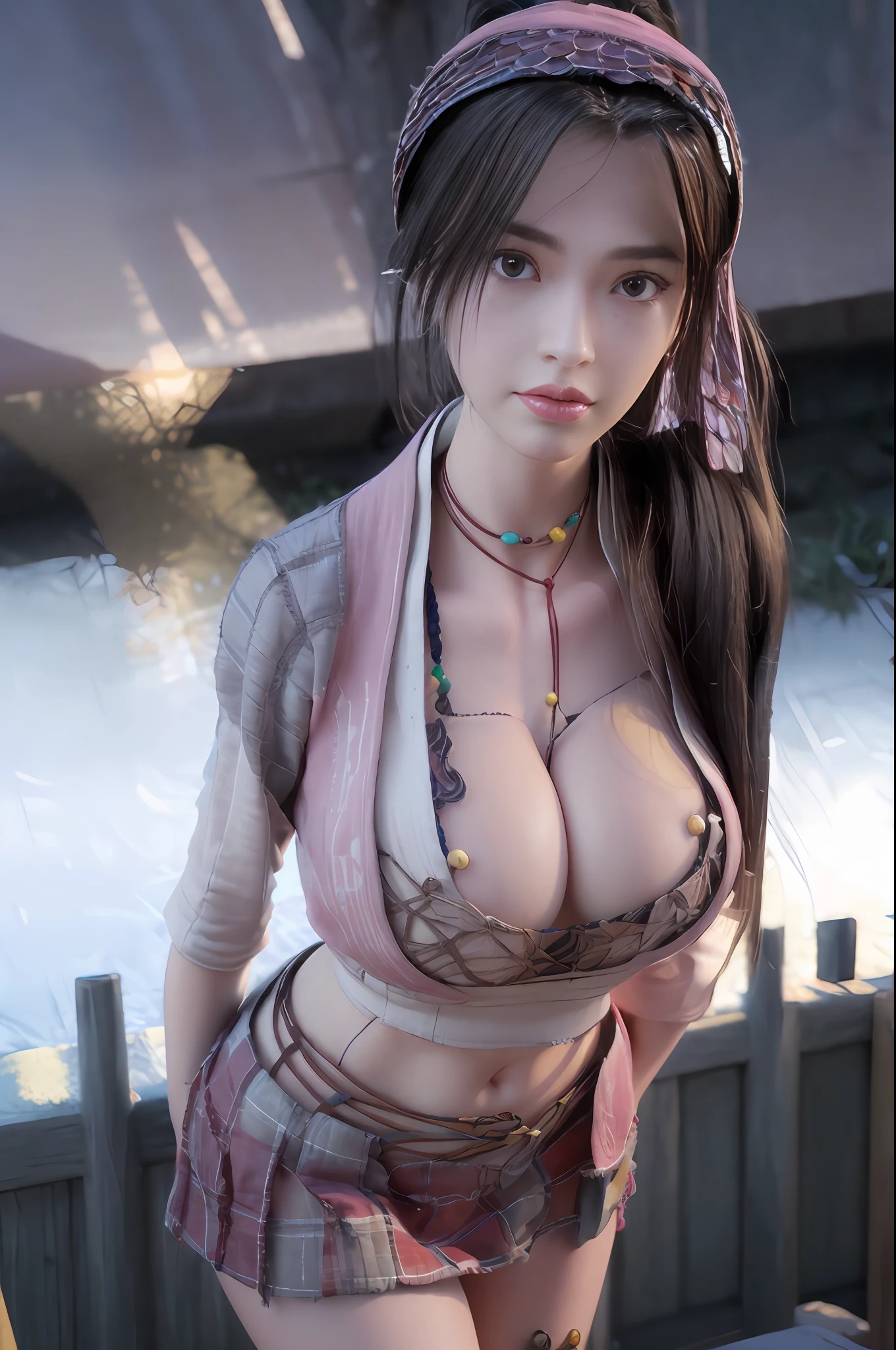 A woman with headband and necklace, best quality, masterpiece, (ultra detail:1), realistic, (detailed face and eye), ultra detailed face), detailed body, big breasts, (big breasts), black hair, long hair, photorealistic, Tu Li