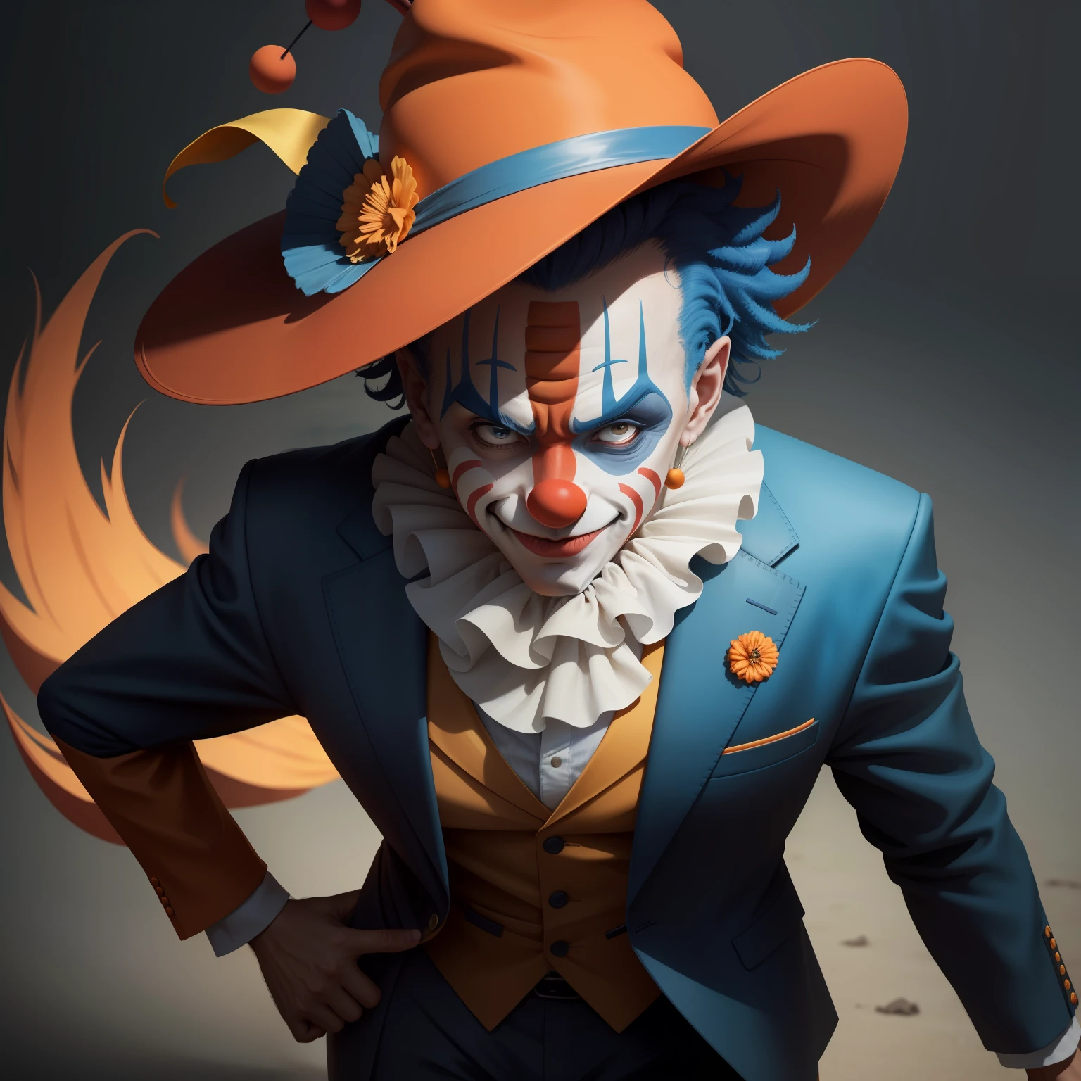 clown in blue suit and orange hat, clown, cutecore clown, 3d render arte do caractere 8 k, cosplay profissional, Parece com Naruto, trending on ArtStation:3, Artstation on trend, Trending in ArtStation 4K, Trend at Artstation headquarters, CGSetalidade 9, bobo da corte