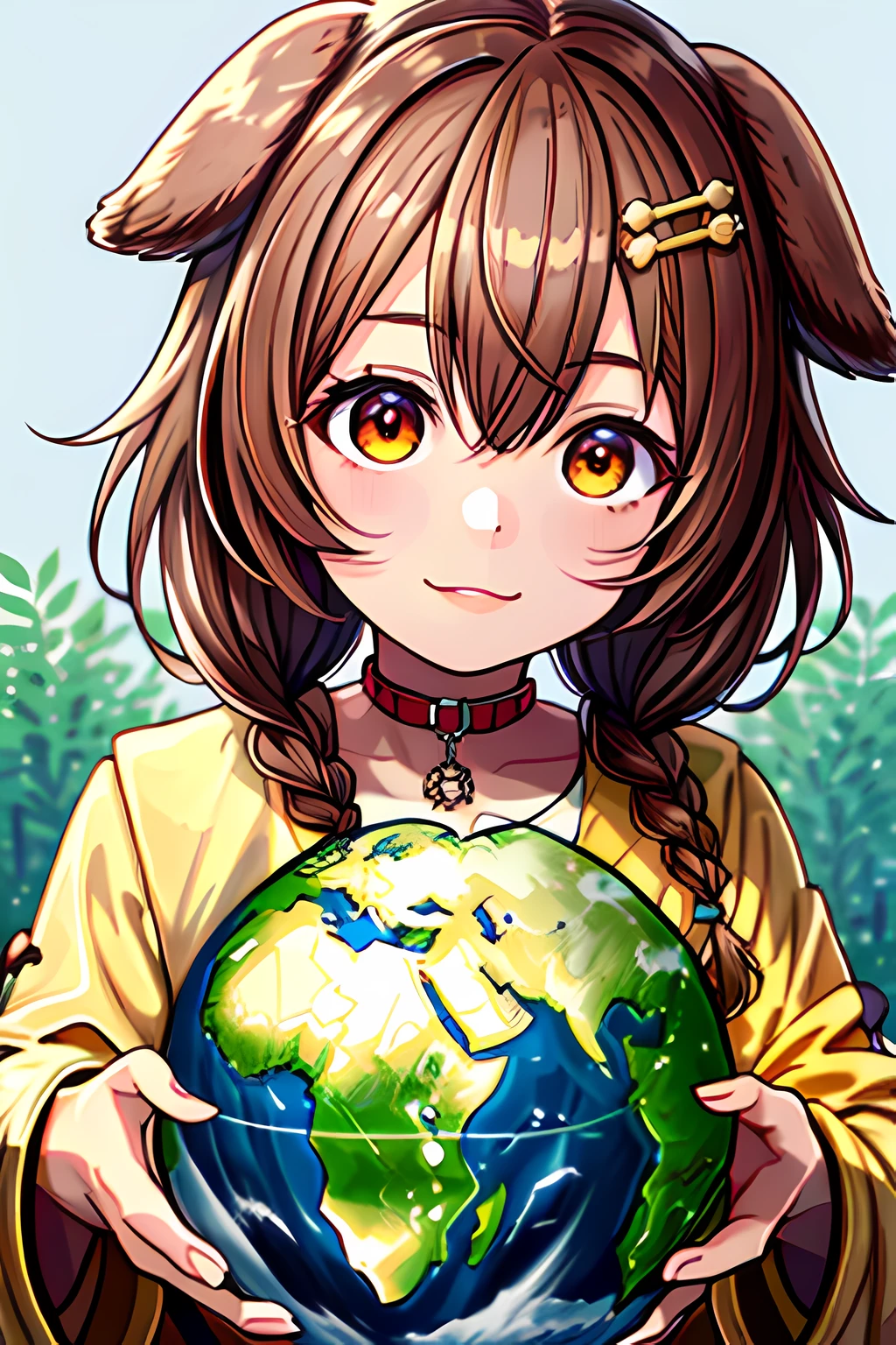 Korone holding the earth in Universe,((masterpiece)),(best quality:1.6),high res:1.4),8k,2d,high resolution,sharped image, high sharpness,hd,yellow Jacket,white dress,brown hair, detialed eyes, ultra detailed, detailes faces