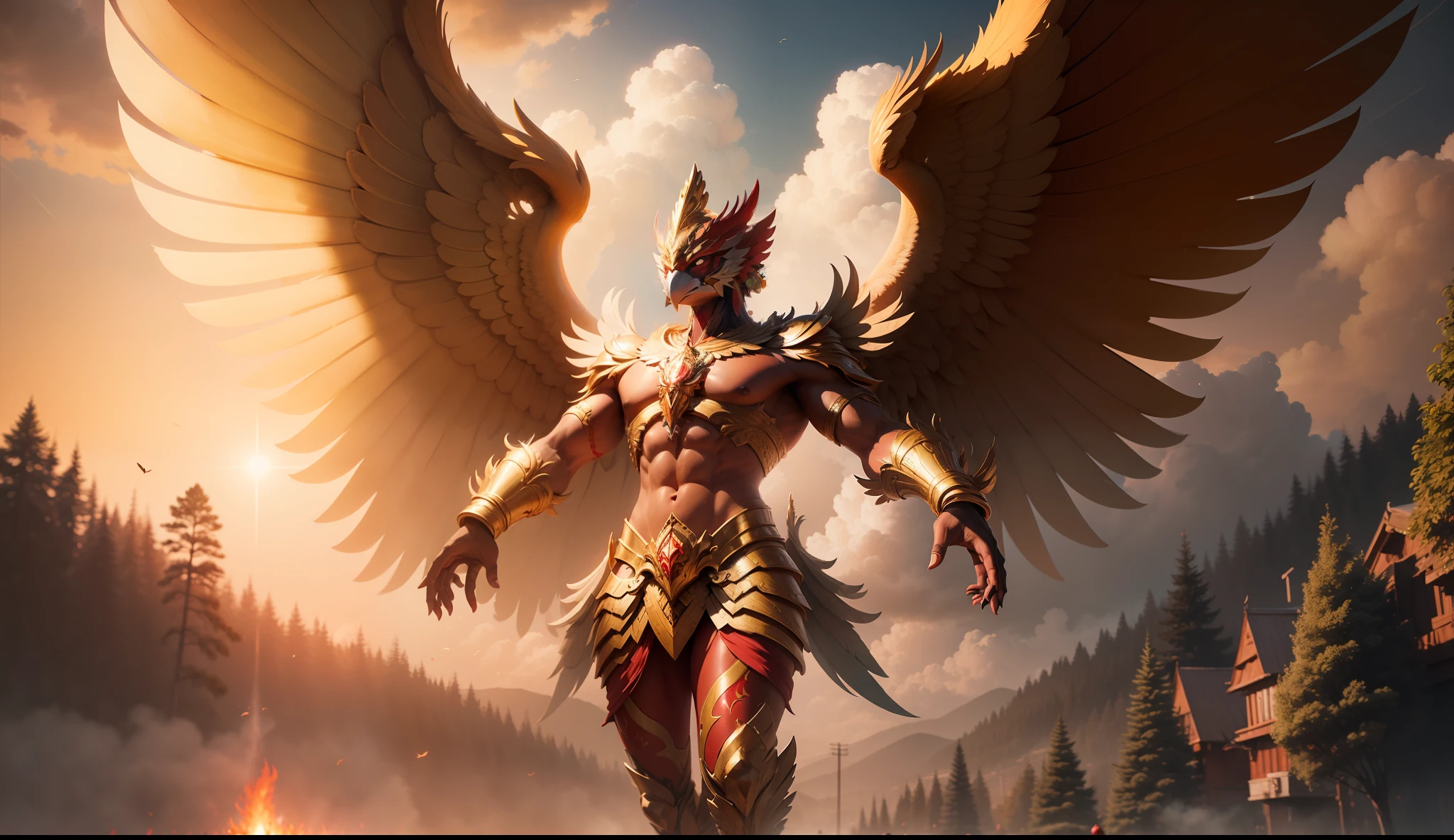 Garuda, red body, red body, flying in the sky.