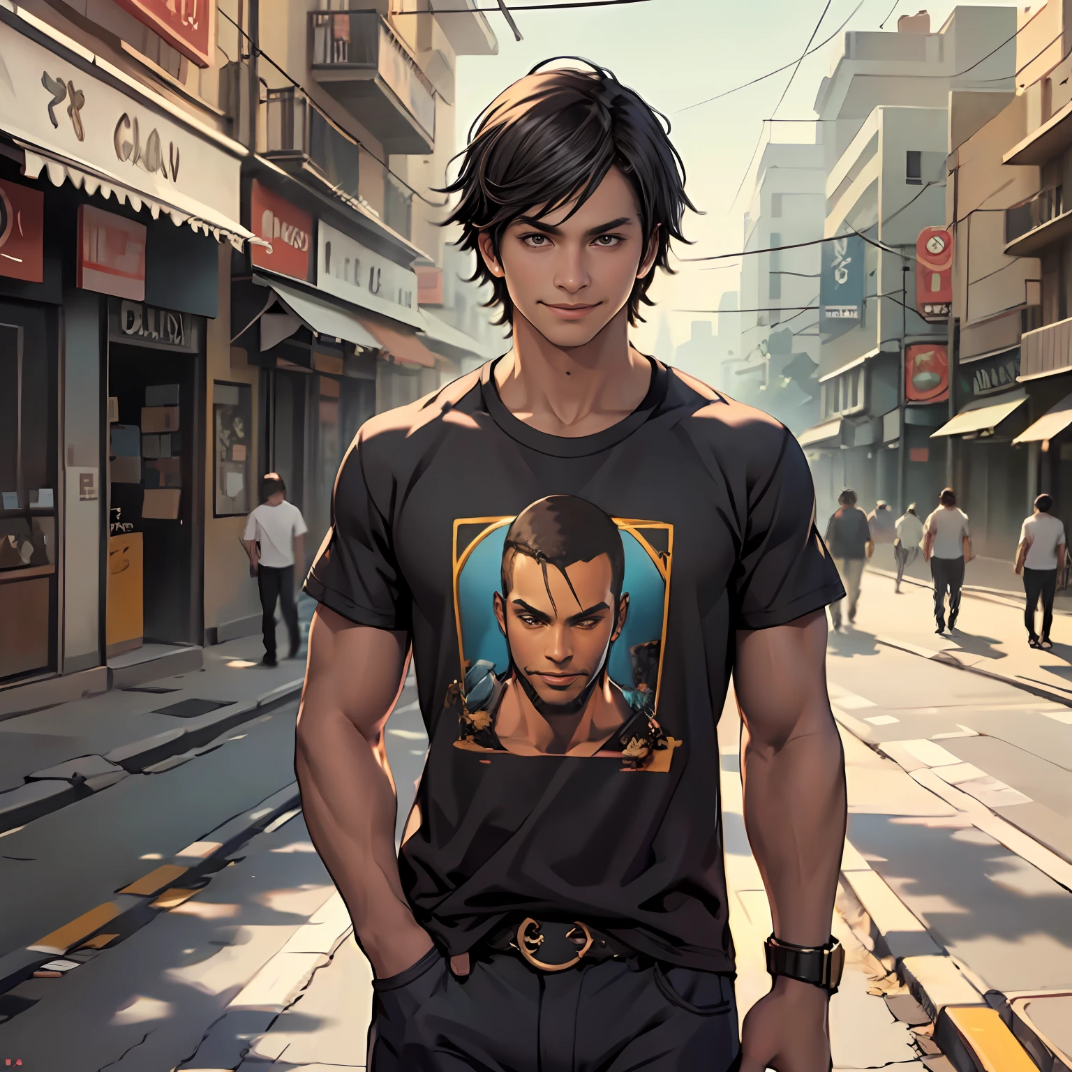 camiseta color negro con dorado camiseta ajustada al cuertpo ultra realista, -yeld boith brown cinnamon skin, cuerpo atletico tonificado cabello liso,masculino serio pensativo observador tiene el dorso desnudo camiseta negra ajustada al cuerpo caminando, sonriendo por las calles de una moderna ciudad un amigo cernaco se acerca por atras y lo abraza