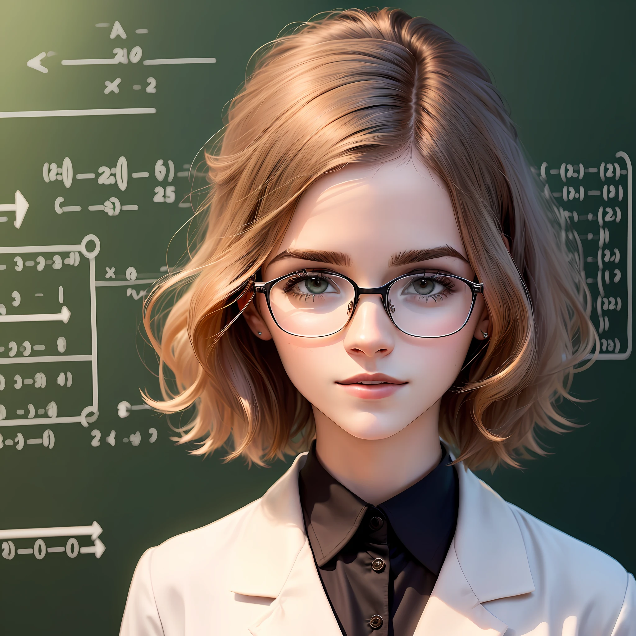Chemical scientist in lab coat, maths, physics, of white american glasses, cabelos compridos, professora, foto de frente, Foto em perfil, foto 3x4, parecida com Emma Watson,