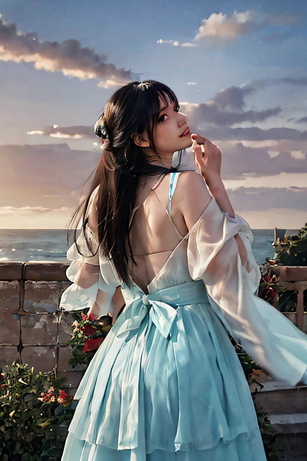 (Masterpiece, Realistic: 1.4), (Extreme Precision: 1.2) >, Close-up, Portrait, (Upper Body: 1.2), (Front: 1.3), 191971 Dress, Back Dress, (Long Skirt: 1.2), Extra Long Hair, Breasts, Bare Shoulders, Sky, Ocean, Water, Looking at the Audience, Italian, Head Tilt, Wind, Clouds, Sunlight, Outdoor, 1girl, Solo, BREAK, Cinematic Light, Ultra High Resolution, 8k UHD, Film Granules, Perfect Anatomy, Delicate and delicate skin, best shadows, delicate, RAW, high resolution,