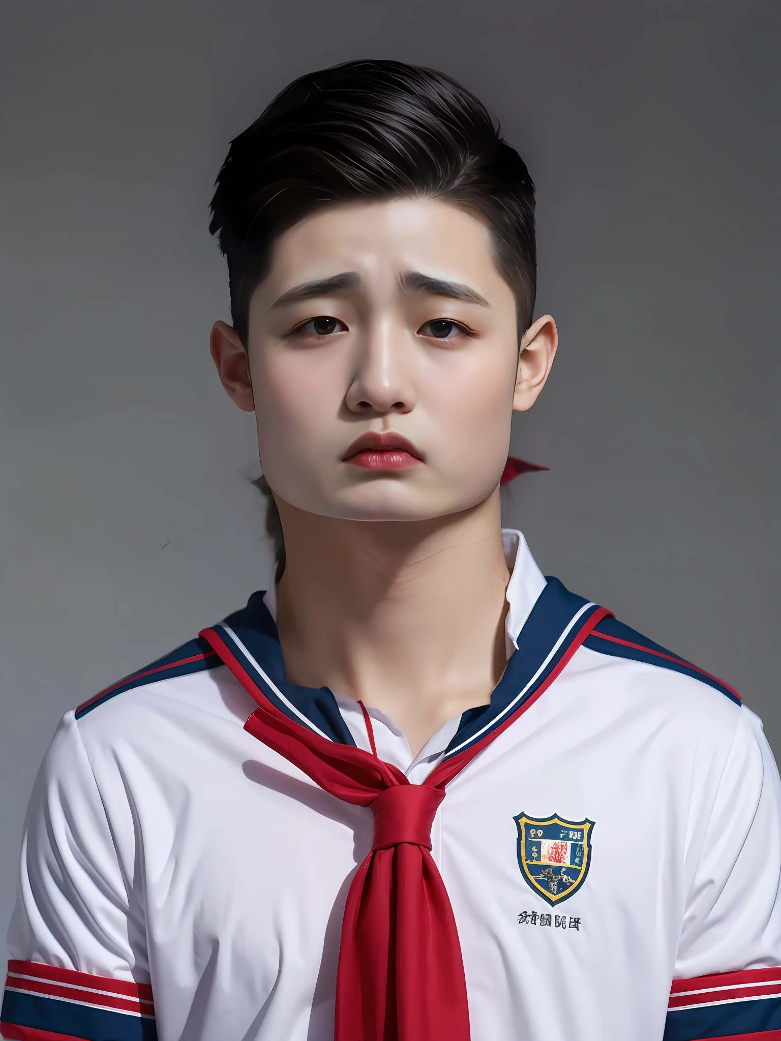 A Chinese male high school student,Wear colorful school uniforms。solid color backdrop