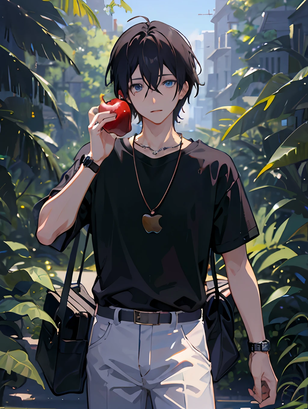 1boy, apple, bag, bangs, berry, black hair, black shirt, blue eyes, hair between eyes, jewelry, leaf, looking at viewer, male focus, necklace, pants, shirt, solo, watch, white pants, wristwatch, messy hair, trending on artstation, 8k resolution, highly detailed, anatomically correct, sharp image, digital painting, concept art, trending on pixiv, style of makoto shinkai,