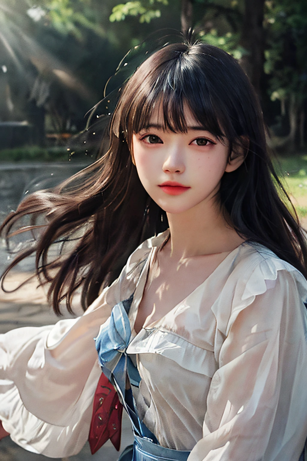 (Masterpiece, Realistic: 1.4), (Extreme Precision: 1.2) >, Close-up, Portrait, (Upper Body: 1.2), (Front: 1.3), 191971 Dress, Back Dress, (Long Skirt: 1.2), Extra Long Hair, Breasts, Bare Shoulders, Sky, Ocean, Water, Looking at the Audience, Italian, Head Tilt, Wind, Clouds, Sunlight, Outdoor, 1girl, Solo, BREAK, Cinematic Light, Ultra High Resolution, 8k UHD, Film Granules, Perfect Anatomy, Delicate and delicate skin, best shadows, delicate, RAW, high resolution,