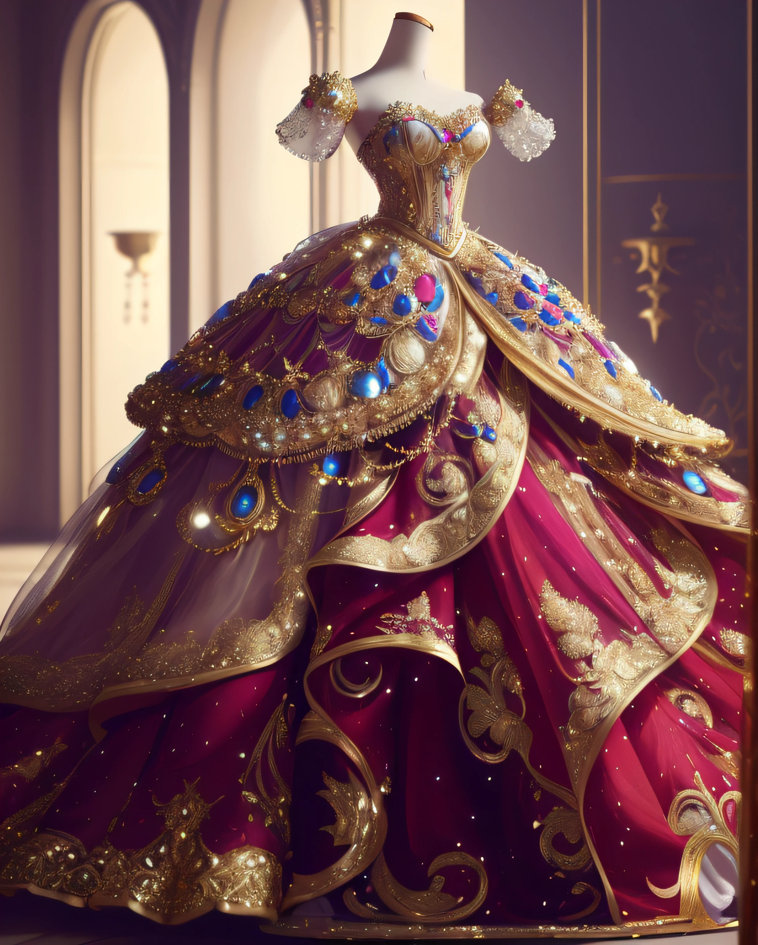 a hyper realistic photograph of a girl standing wearing a majestic light beige and gold ball gown dress, big beautiful dress, intricate puffy ball gown with lots of ruffles and rhinestones (Best quality, masterpiece, ArtStation, Fantasy Art:1.2), a palace room, a beautiful cute girl, (long white hair:1.1), (intricate short gold skirt, bare legs:1.2, full body shot)