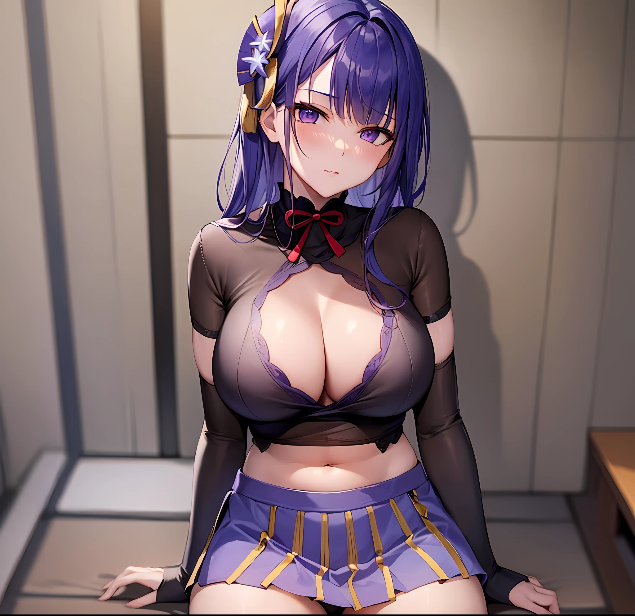 1Raiden shogun, large breasts, underwear, in, cleavage, navel, t-shirts, (brachial), skirt, lie, Body, sexy, sitting