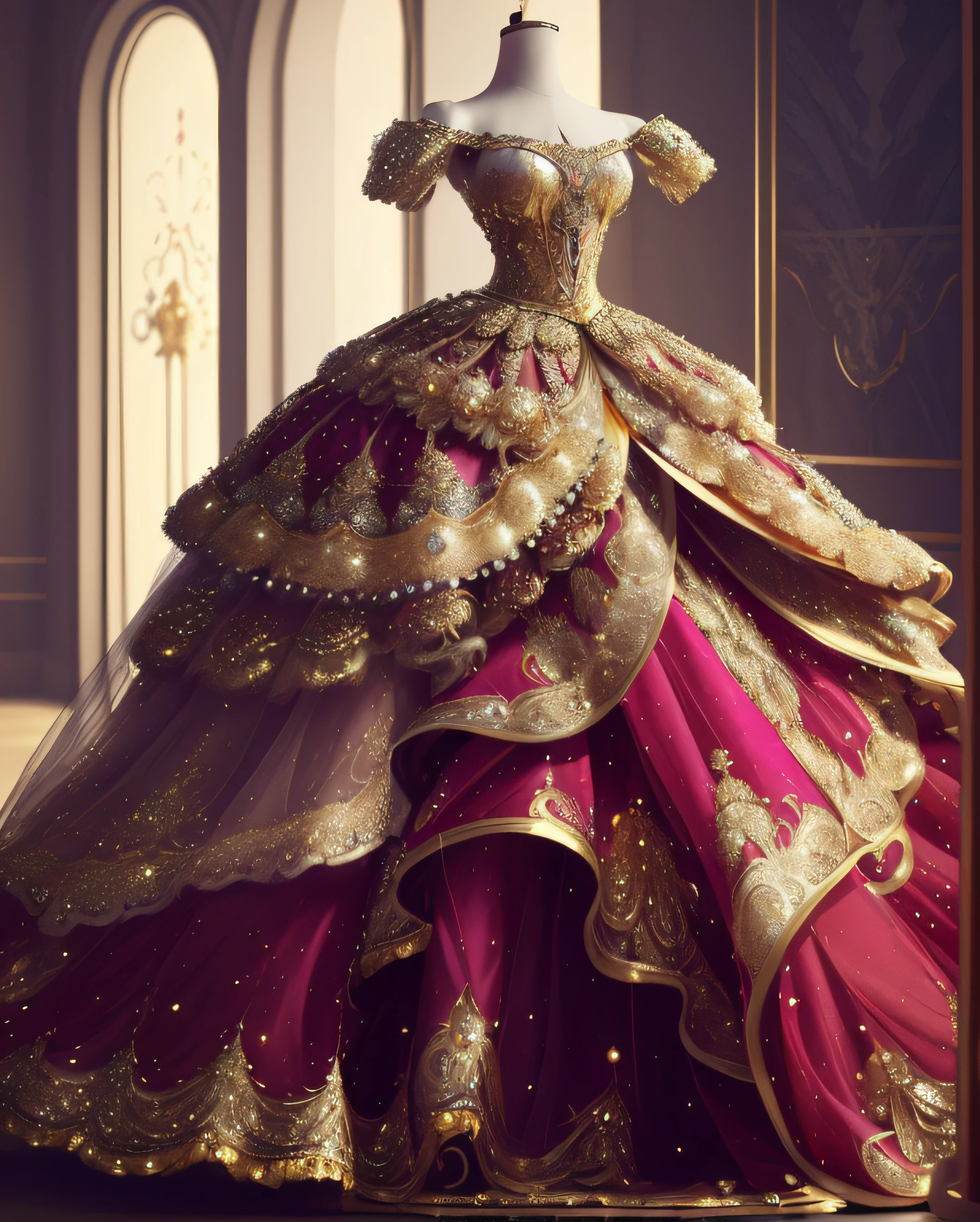 a hyper realistic photograph of a girl standing wearing a majestic light beige and gold ball gown dress, big beautiful dress, intricate puffy ball gown with lots of ruffles and rhinestones (Best quality, masterpiece, ArtStation, Fantasy Art:1.2), a palace room, a beautiful cute girl, (long white hair:1.1), (intricate short gold skirt, bare legs:1.2, full body shot)