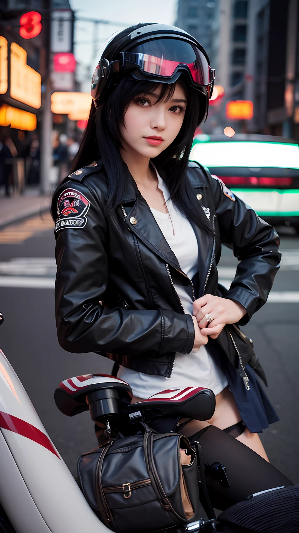 masterpiece, best quality, 1girl, solo, jacket, hand in pocket, school uniform, serafuku, thighhighs, school bag, black hair, black eyes, cyberpunk, street, machinery, motor vehicle, motorcycle, panorama, helmet, speed line, motion blur, depth of field, perspective, panorama, riding, floating hair, night, neon trim