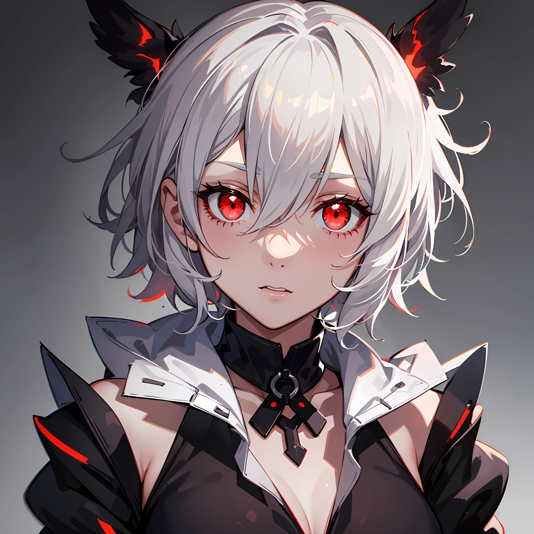 A cute girl, short white hair, glowing red eyes, dark background, dark, terror.