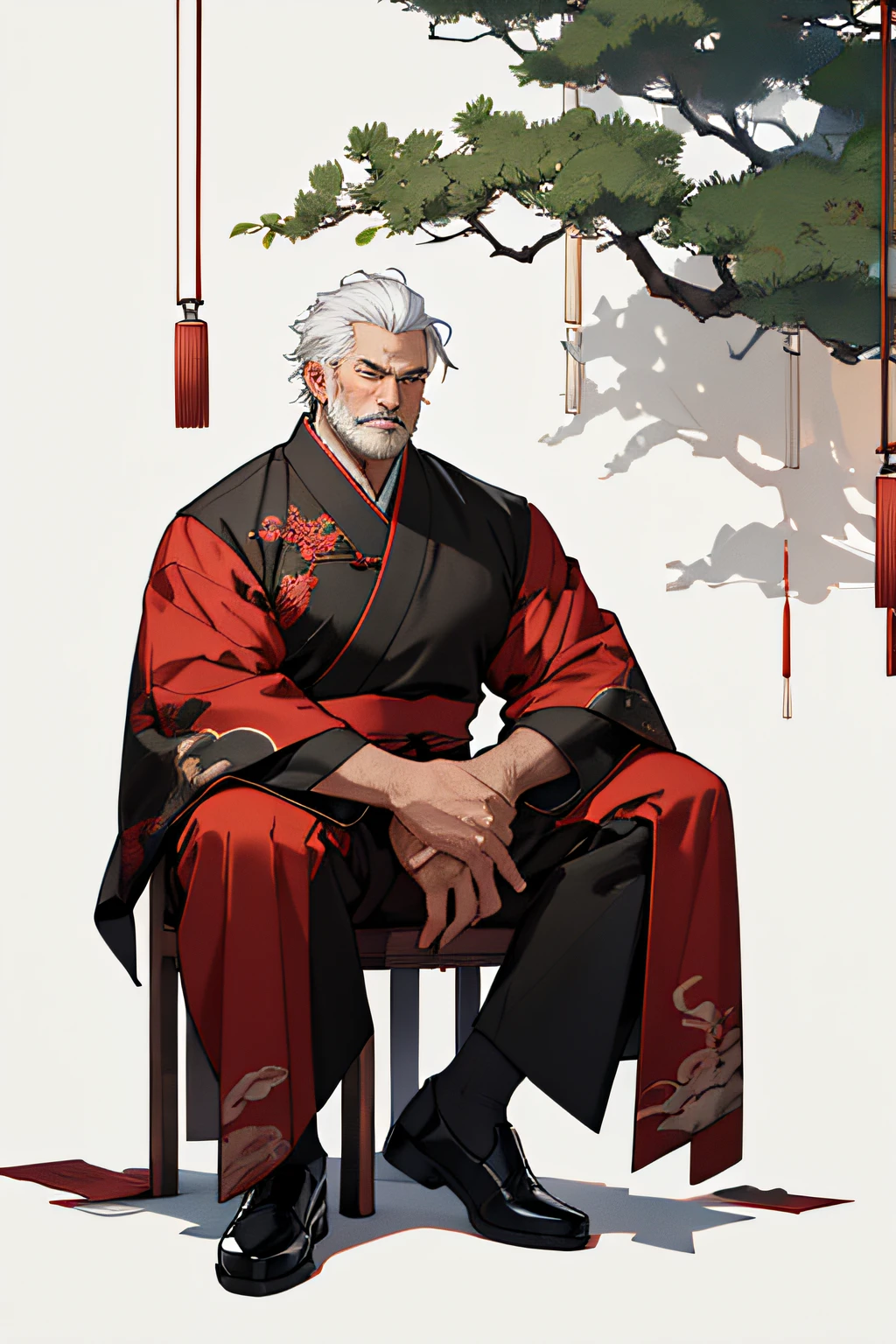 A big and mature man in his mid-50s, wearing traditional Chinese attire, sitting poses in a lively carabet atmosphere. Full body view. The man exudes a striking presence with his jet-white hair.