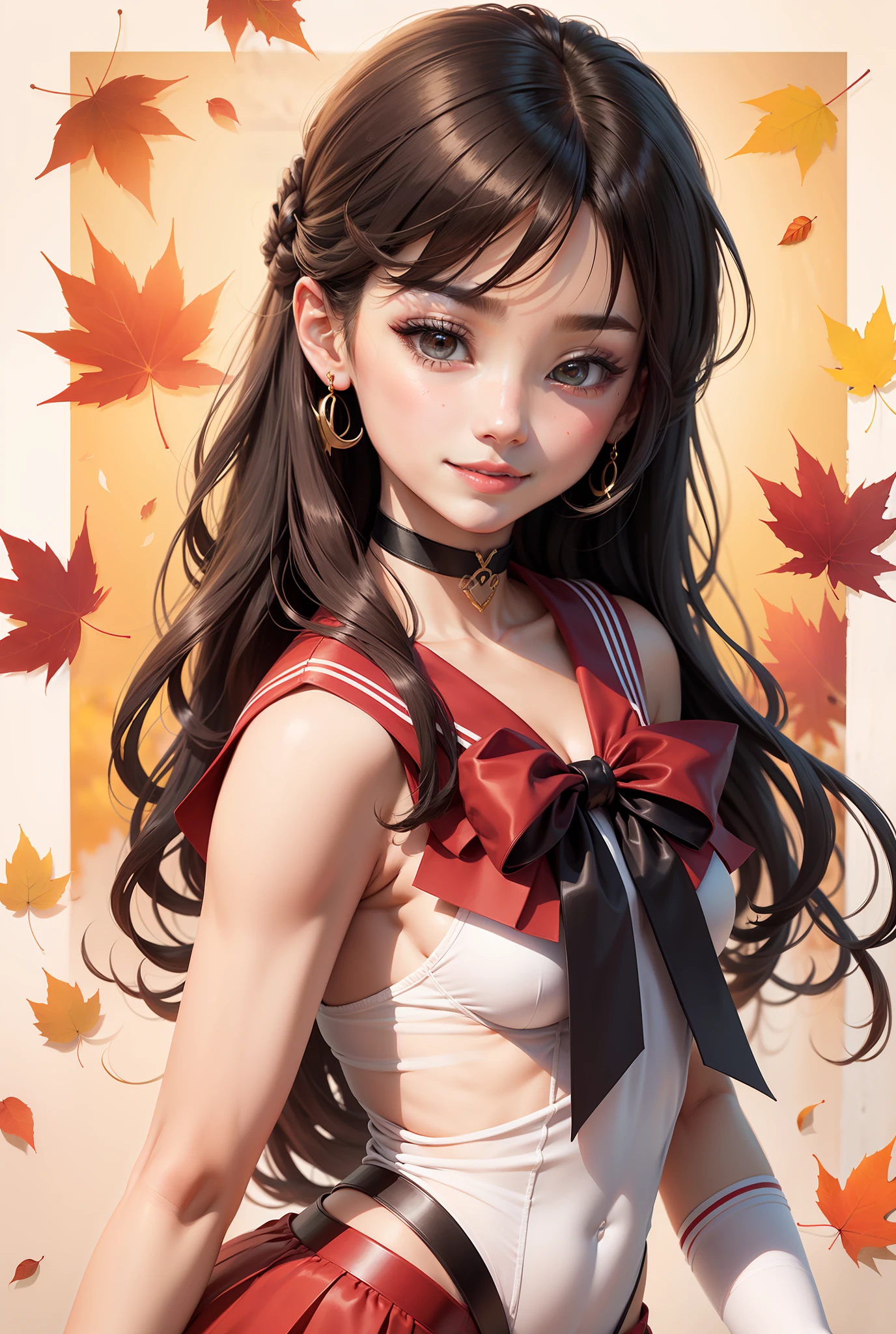 sailor_mars、1boy、shoun、Beautiful Boys、Handsome、genderswap、genderswap_(ftm)、sailor_senshi_uniform、hino_rei、solo、red_sailor_collar、blue_breast_ribbon、autumn_leaves、long_hair、rating:safe、fire、magical_warriors、choker、red_choker、black_hair、white_leotard、maple_leaf、bow、traditional_media、autumn、leaf、marker_(medium)、neck、upper_body、elbow_gloves、makeup、jewelry、circlet、looking_at_viewer、gloves、eyelashes、lips、red_bow、smile、red_skirt、collarbone、bare_shoulder、flat_chest、flat_breasts、