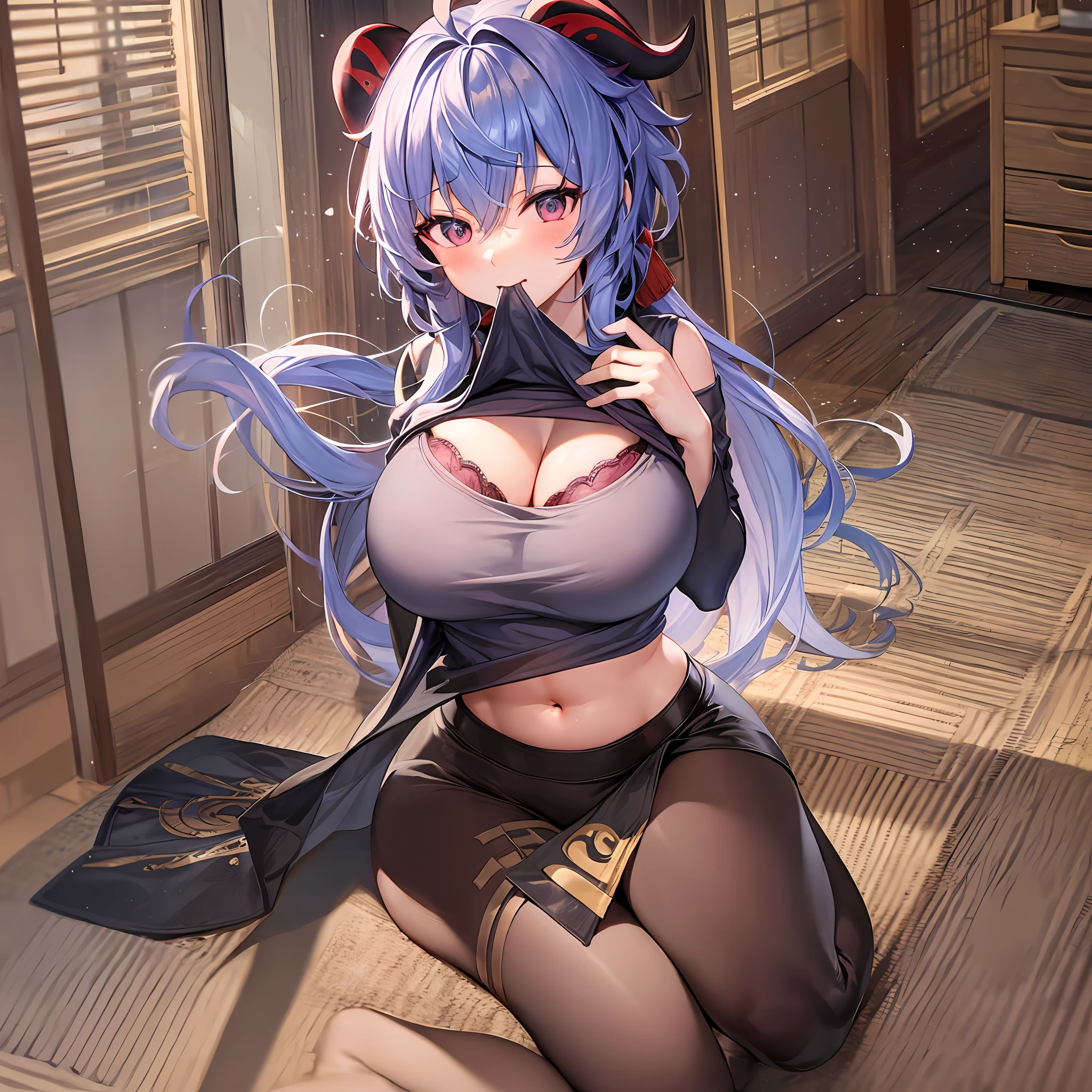 1Ganyu, large breasts,clothes in mouth, cleavage, navel, t-shirt, ((bra)),clothes lift, shirt in mouth, skirt, lying, full Body,sexy body,sitting, back hand